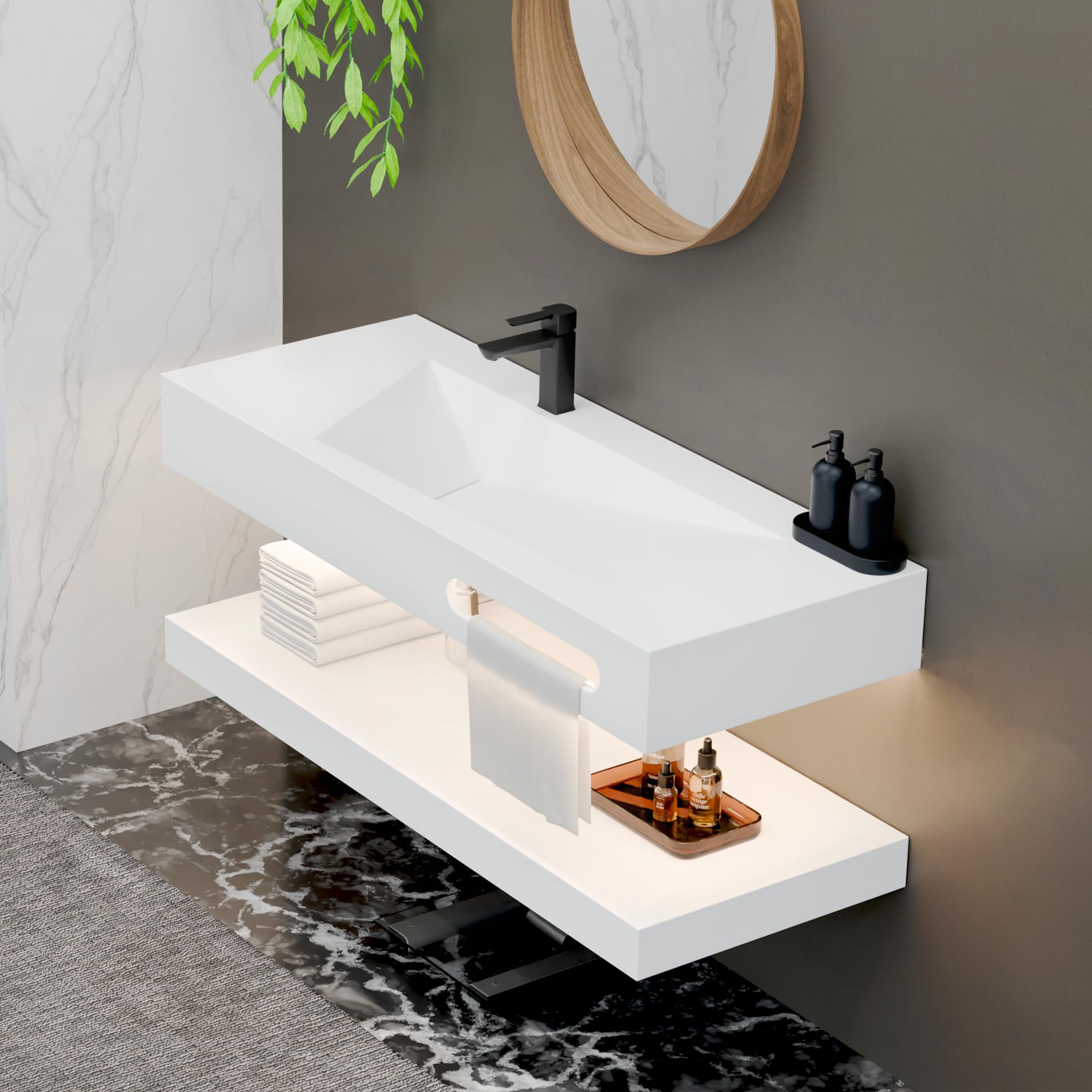 Gesipor 36"x19" Wall Mount Bathroom Vanity with Sink Stone Resin Floating Vanity Sink Rectangular Vessel Sinks for Bathroom White Trough with Shelf Layer (Mirror Not Included)