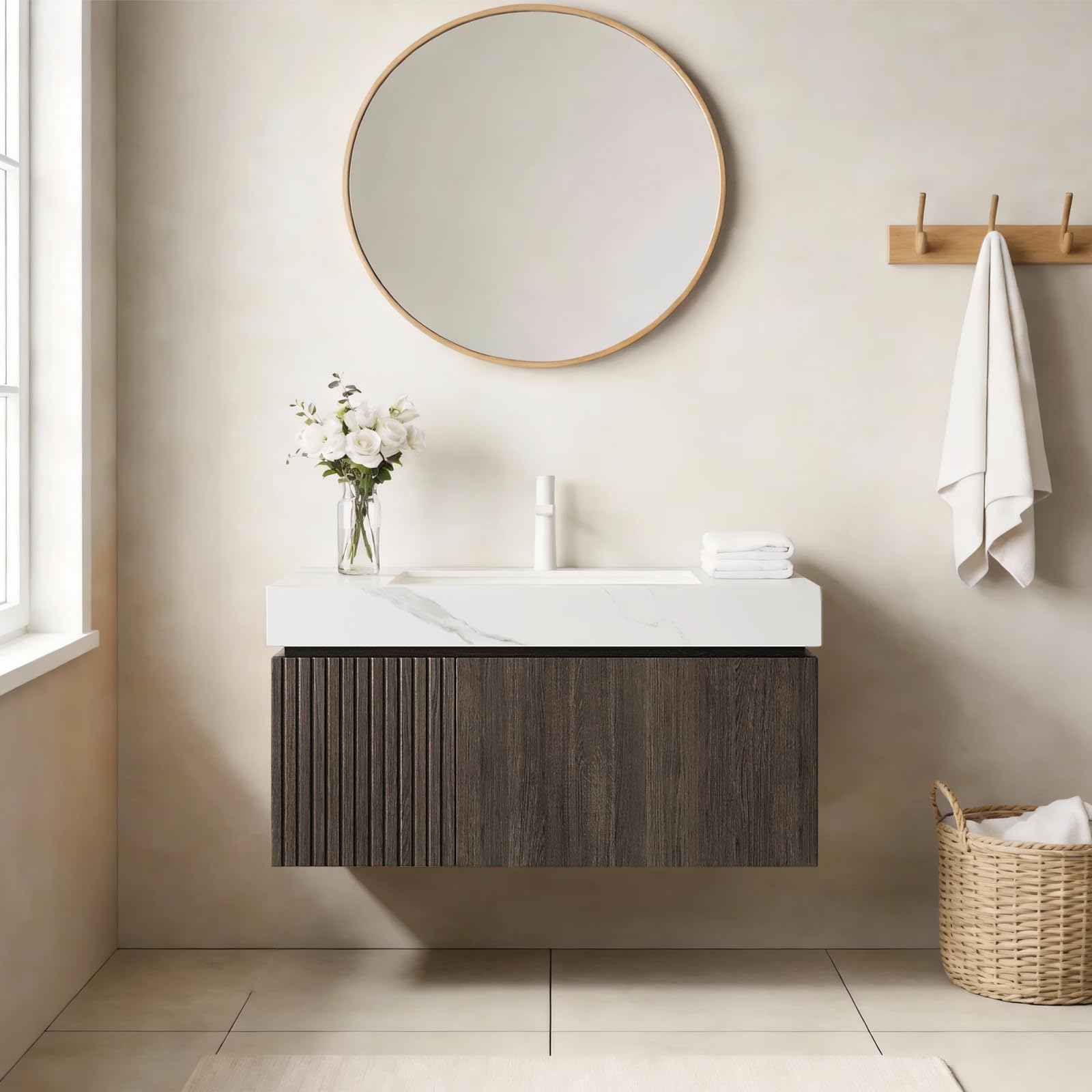 Ambrovina 48" Floating Bathroom Vanity with Sink, Modern Plywood Bathroom Storage Cabinet with Drawer and 2 Doors, Gray Sintered Stone Countertop and White Ceramic Basin, Pre-Assembled, Light Oak