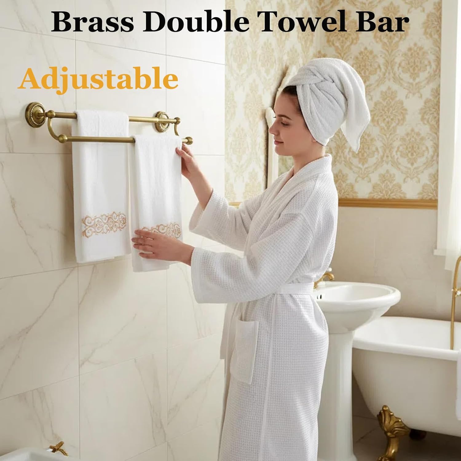 Double Towel Bar, Antique Brass Bathroom Towel Racks Wall Mounted, Adjustable Gold Towel Bar Fits 14-25 Inch Centers, Heavy Duty Rustproof Brass Towel Rod Holder for Bath