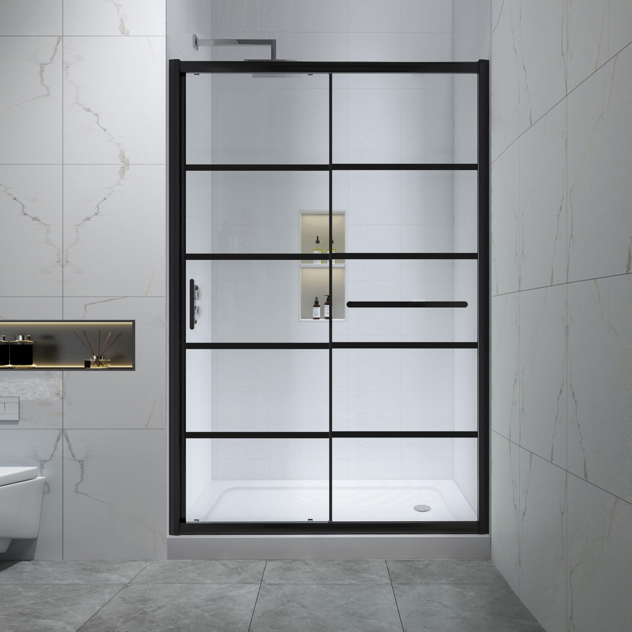 Frosted Sliding Shower Door 55-60" W x 72" H, Matte Black, Single Sliding Door, Framed, 1/4" (6mm) SGCC Tempered Glass, Reversible Installation
