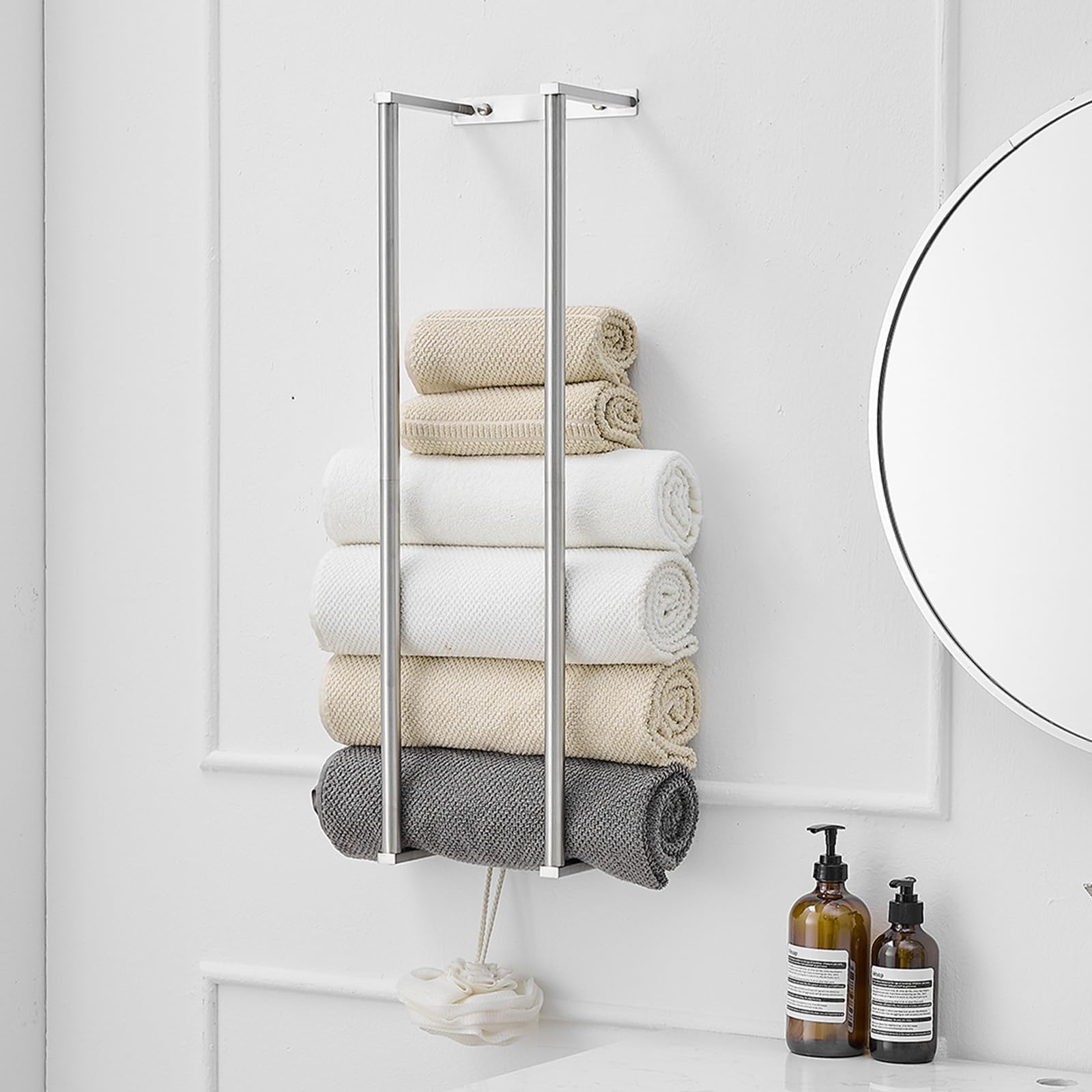 BWE Brushed Gold Towel Racks for Bathroom, Wall Mounted Towel Rack for Rolled Towels, Bathroom Towel Storage, Stainless Steel Vertical Towel Holder, Bathroom Organizer