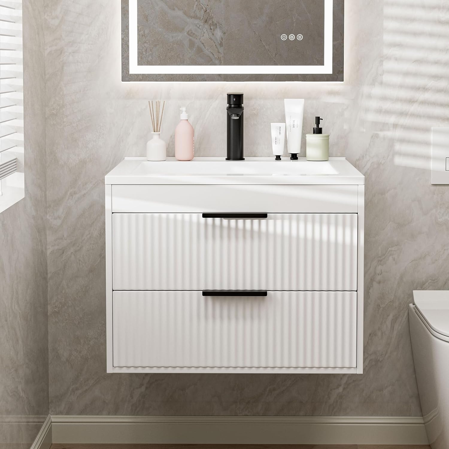 24 Inches Modern MDF Bathroom Vanity with Sink, Wall Mounted Floating Cabinets w/Double Drawers, Black Handles, White Resin Sink Combo Set (White, 24")