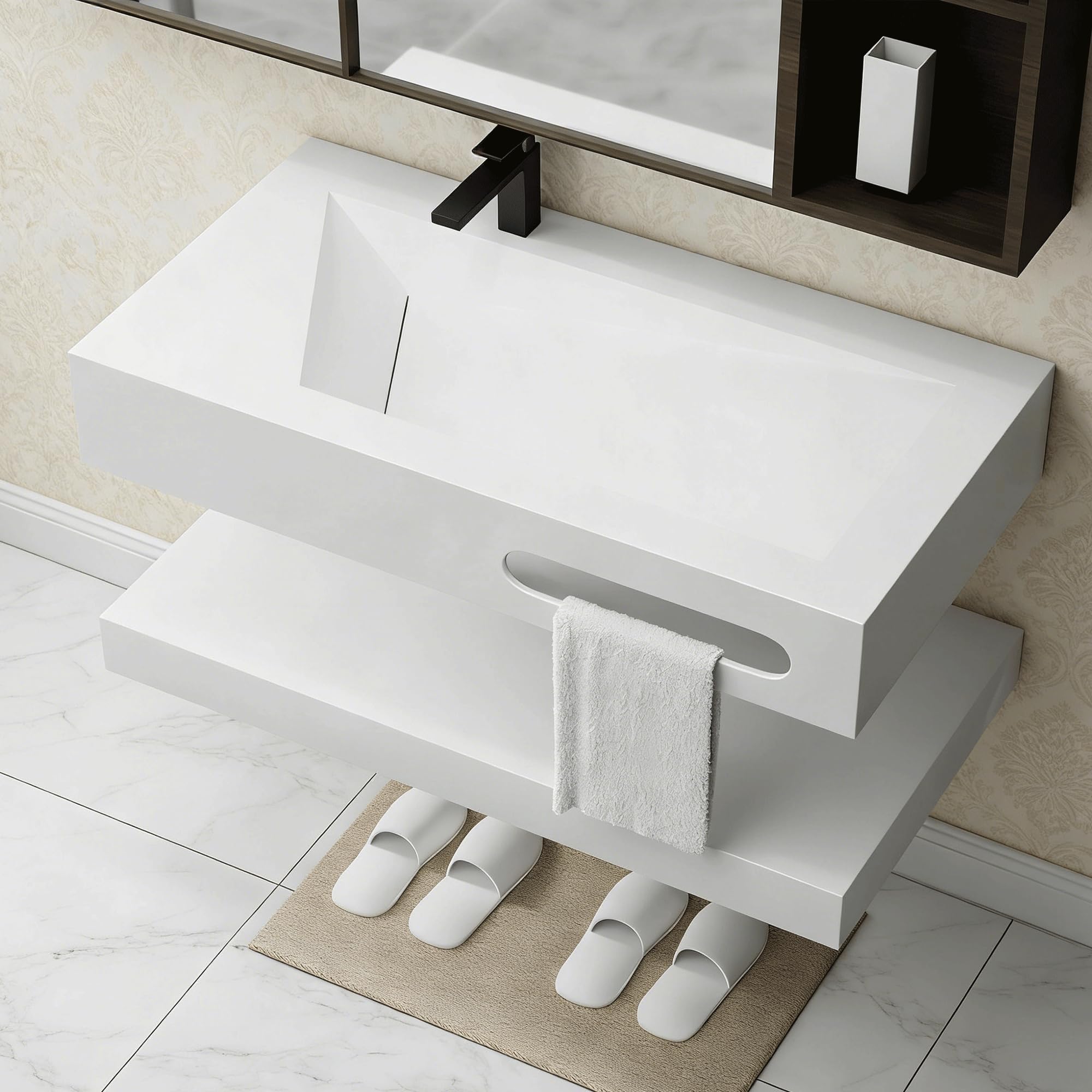 Gesipor 36"x19" Wall Mount Bathroom Vanity with Sink Stone Resin Floating Vanity Sink Rectangular Vessel Sinks for Bathroom White Trough with Shelf Layer (Mirror Not Included)