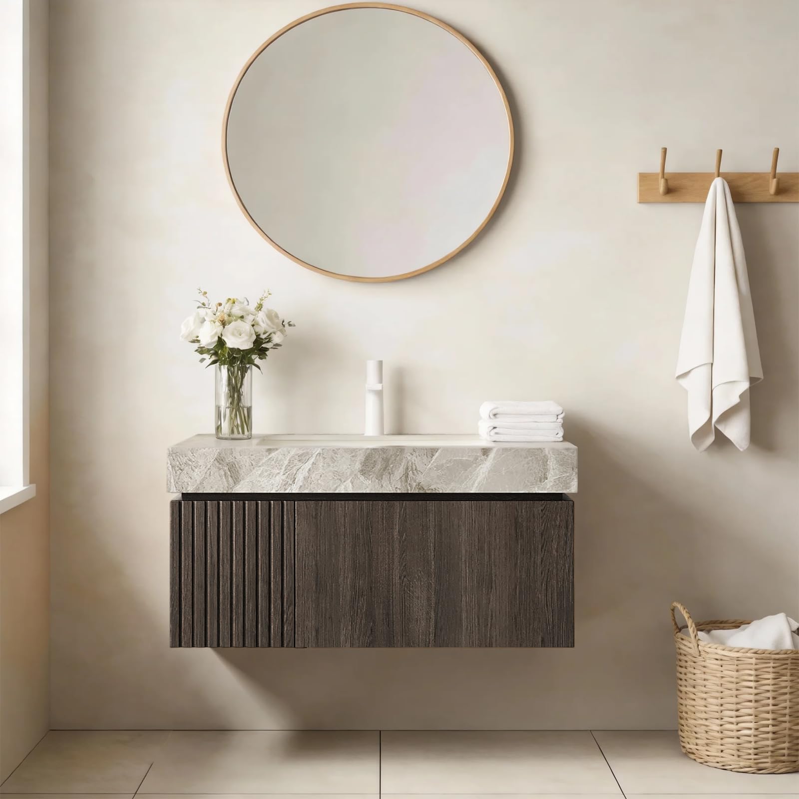 Ambrovina 48" Floating Bathroom Vanity with Sink, Modern Plywood Bathroom Storage Cabinet with Drawer and 2 Doors, Gray Sintered Stone Countertop and White Ceramic Basin, Pre-Assembled, Light Oak