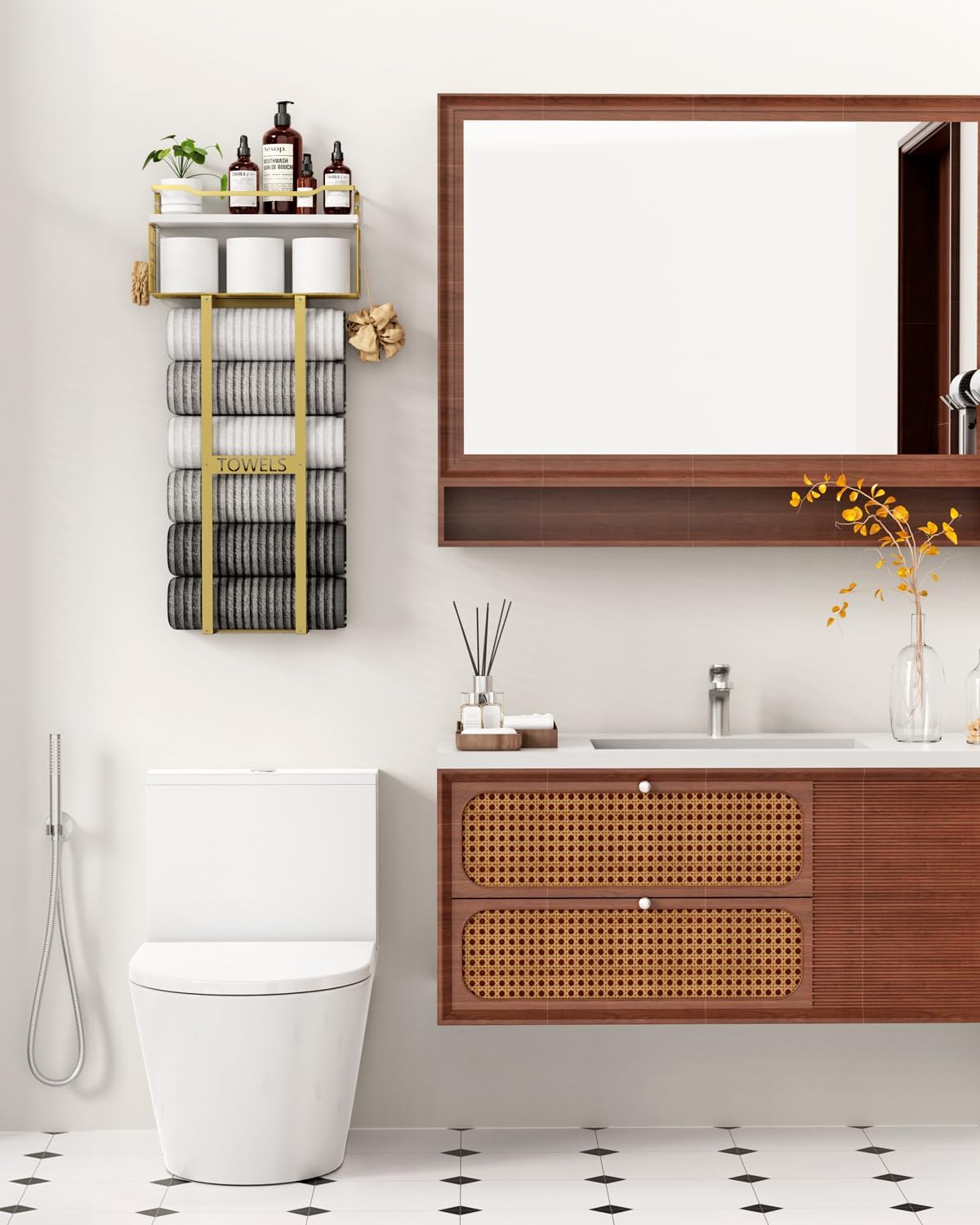 Aetyord Towel Racks for Bathroom - Wall Mounted Metal Rack with Wood Plank, Bathroom Storage Organizer, Towel Holder Stores 6 Large Rolled Towels Easily, Gold and Size XL 31"