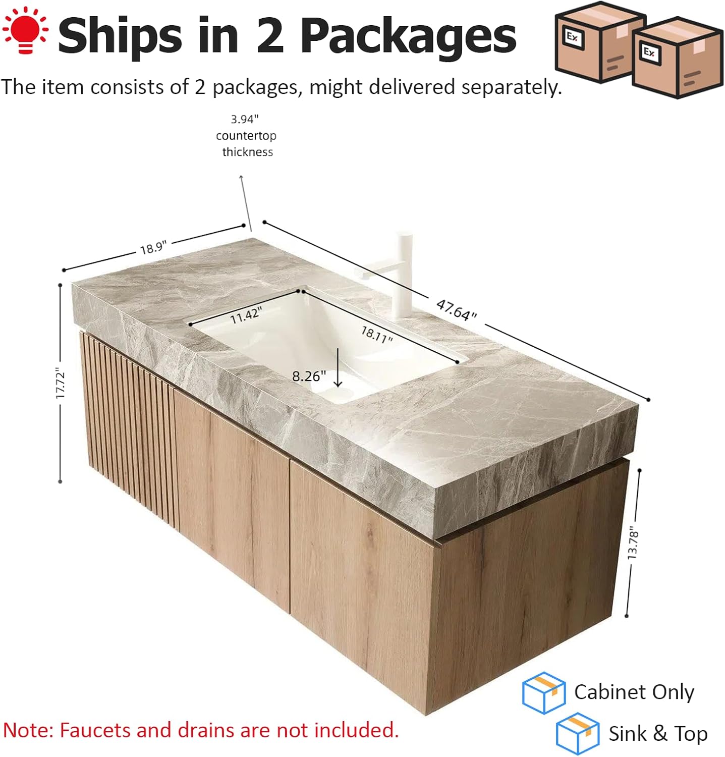 Ambrovina 48" Floating Bathroom Vanity with Sink, Modern Plywood Bathroom Storage Cabinet with Drawer and 2 Doors, Gray Sintered Stone Countertop and White Ceramic Basin, Pre-Assembled, Light Oak