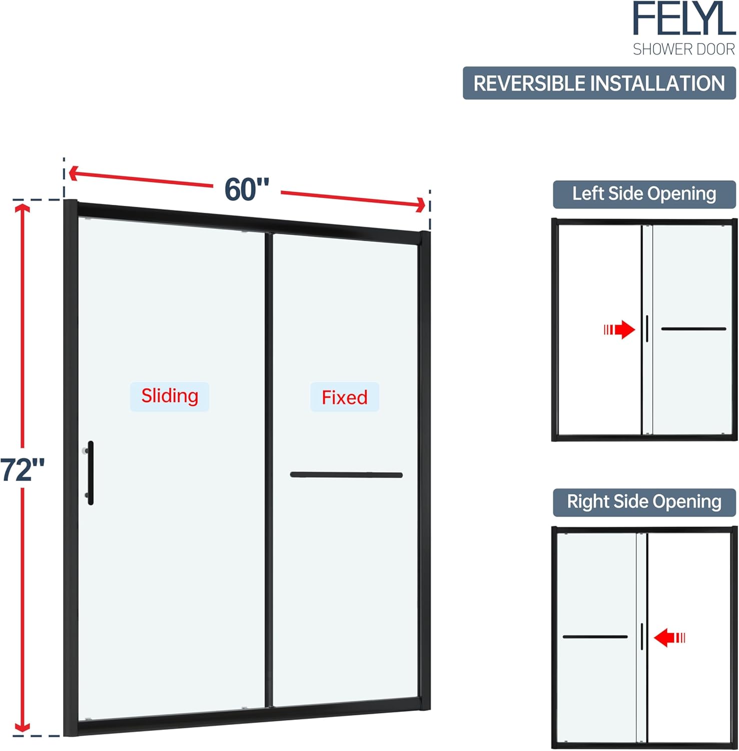 Frosted Sliding Shower Door 55-60" W x 72" H, Matte Black, Single Sliding Door, Framed, 1/4" (6mm) SGCC Tempered Glass, Reversible Installation
