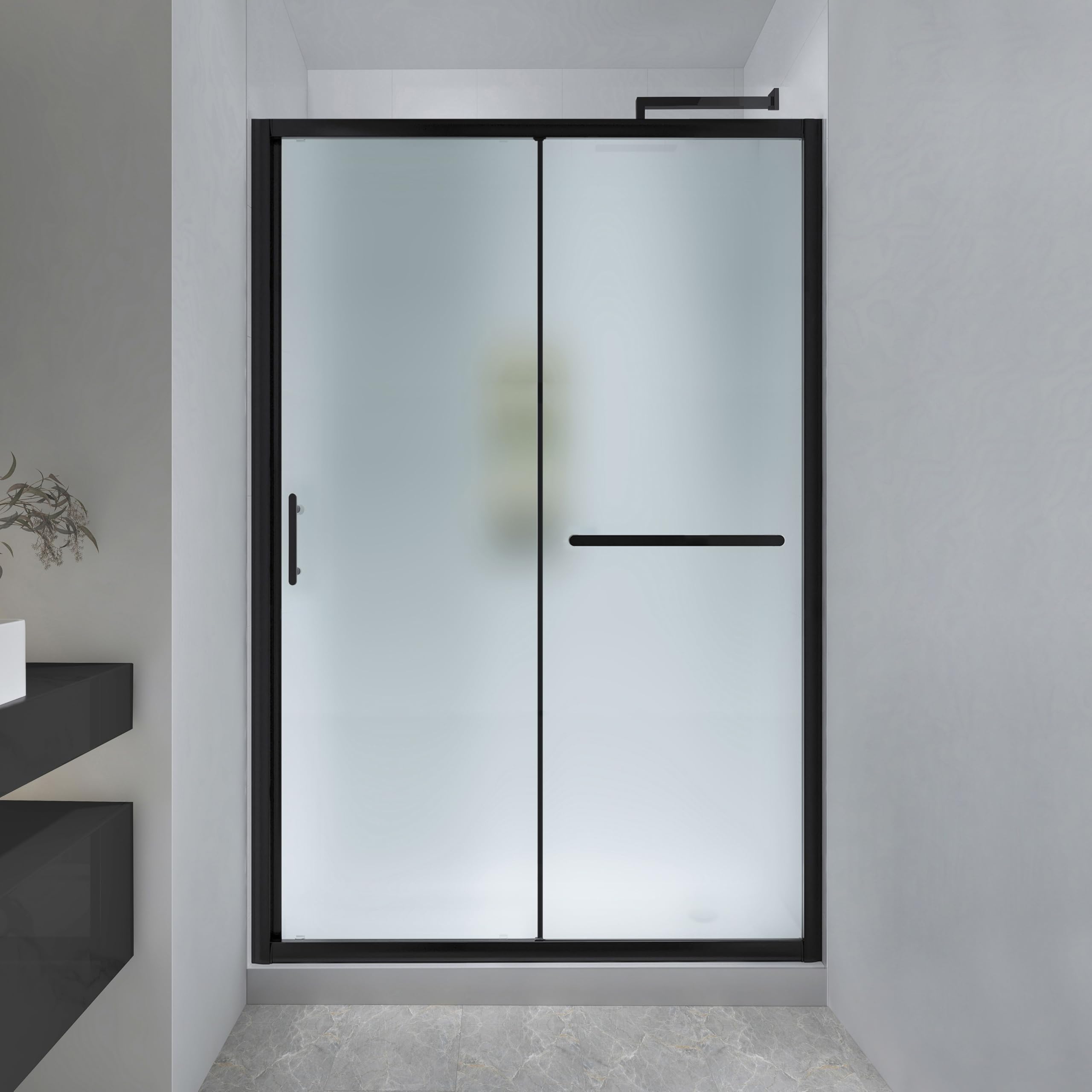 Frosted Sliding Shower Door 55-60" W x 72" H, Matte Black, Single Sliding Door, Framed, 1/4" (6mm) SGCC Tempered Glass, Reversible Installation