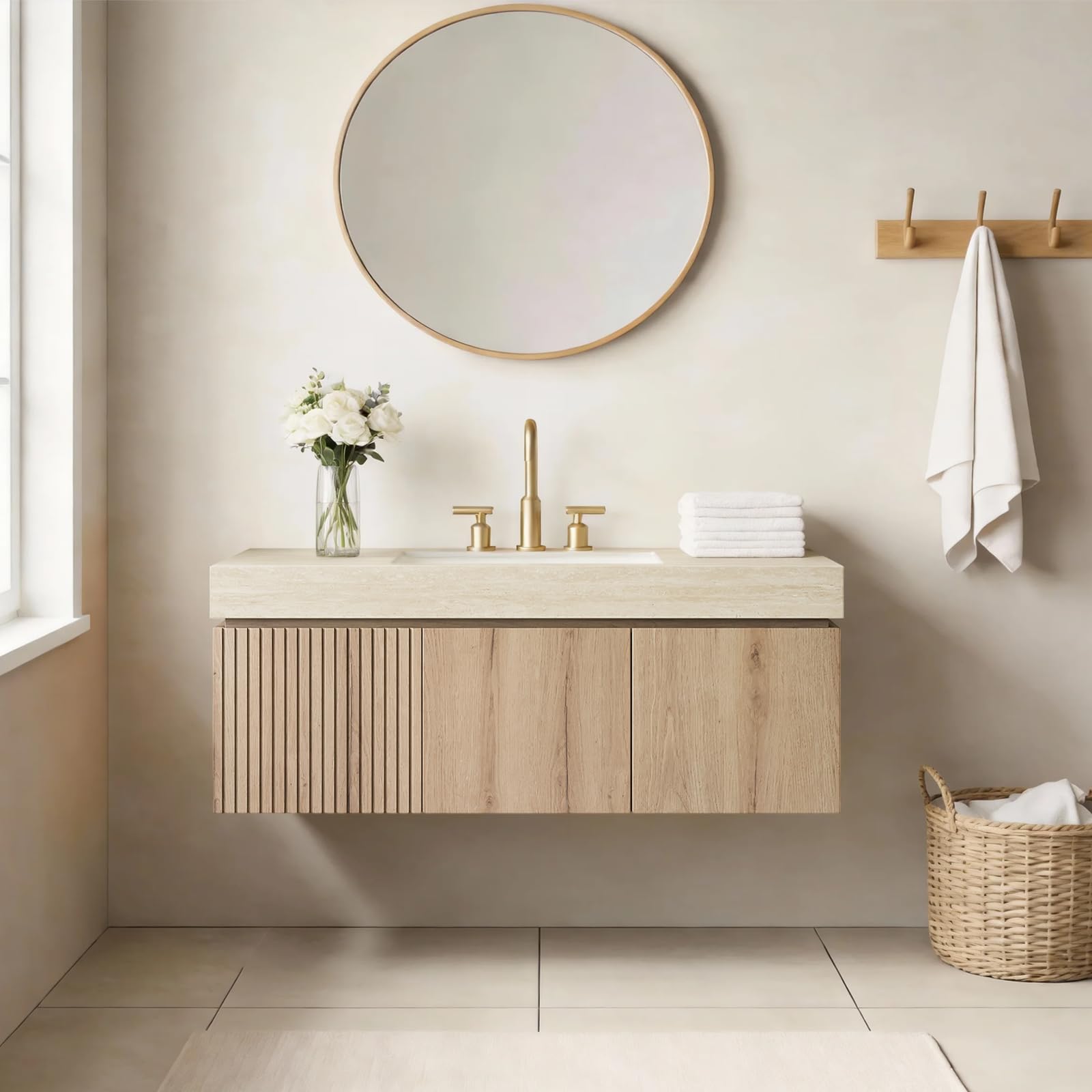 Ambrovina 48" Floating Bathroom Vanity with Sink, Modern Plywood Bathroom Storage Cabinet with Drawer and 2 Doors, Gray Sintered Stone Countertop and White Ceramic Basin, Pre-Assembled, Light Oak