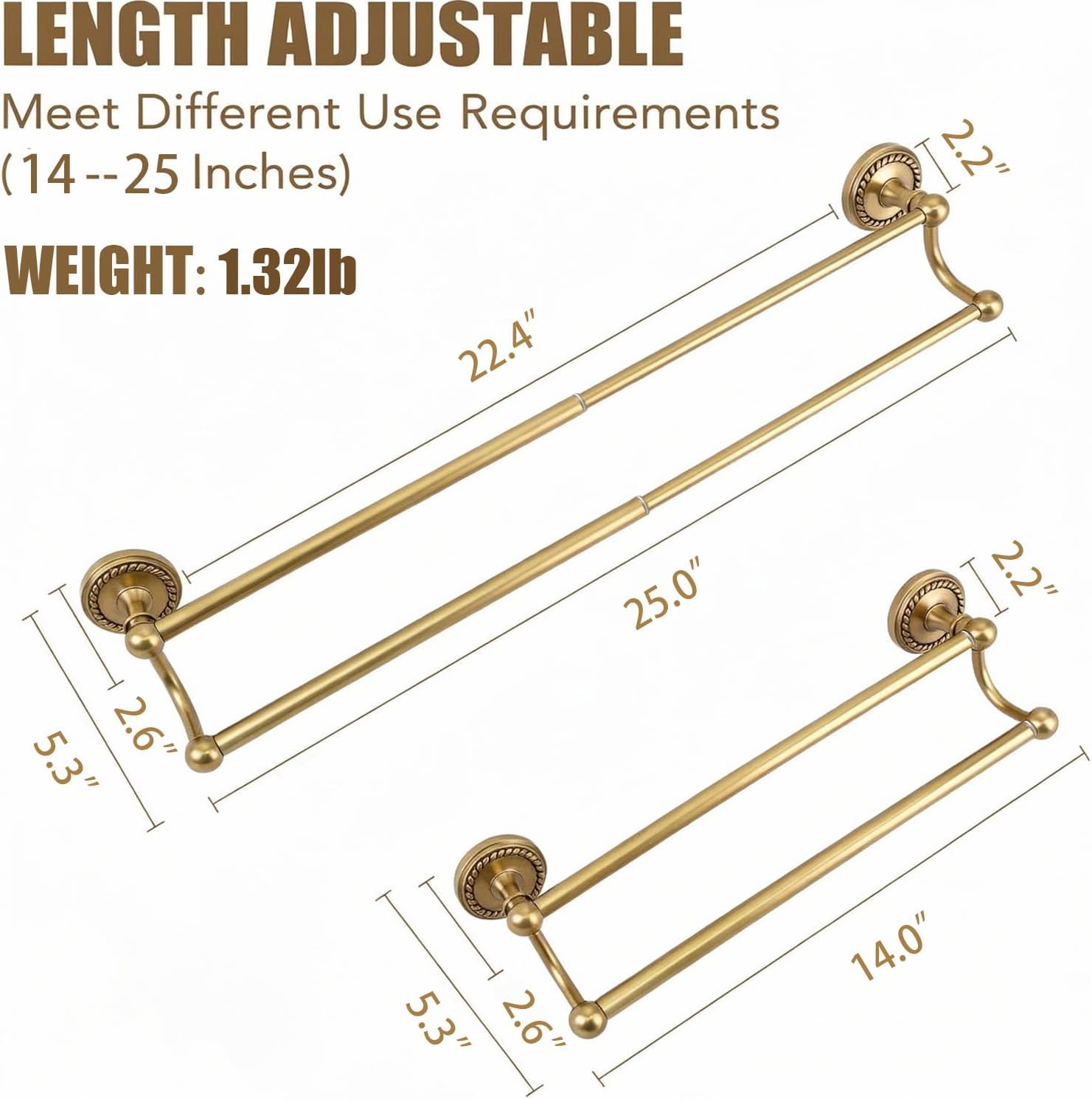 Double Bath Towel Bar, Antique Brass Wall Mounted Towel Rack, Adjustable 14-25 Inch Heavy Duty Rustproof Brass Towel Rod Holder for Bathroom Kitchen