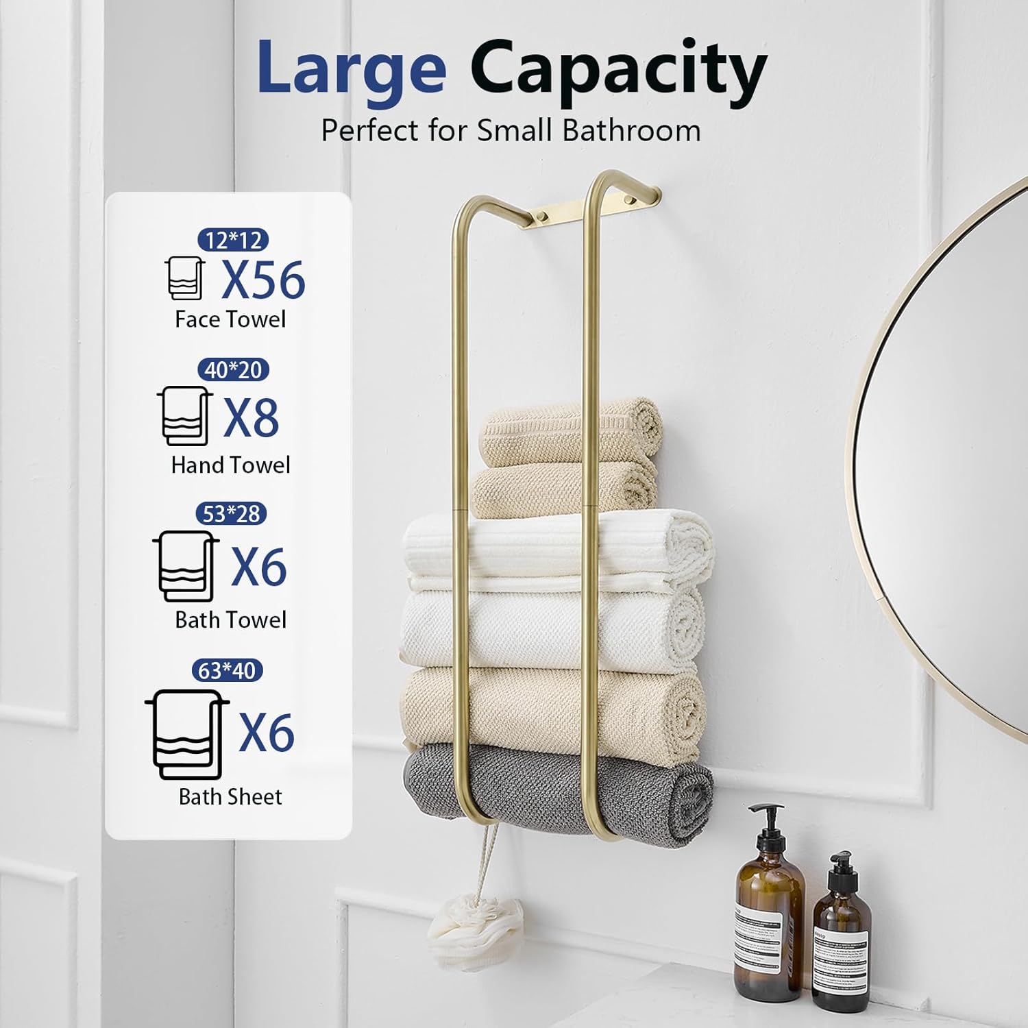 BWE Brushed Gold Towel Racks for Bathroom, Wall Mounted Towel Rack for Rolled Towels, Bathroom Towel Storage, Stainless Steel Vertical Towel Holder, Bathroom Organizer