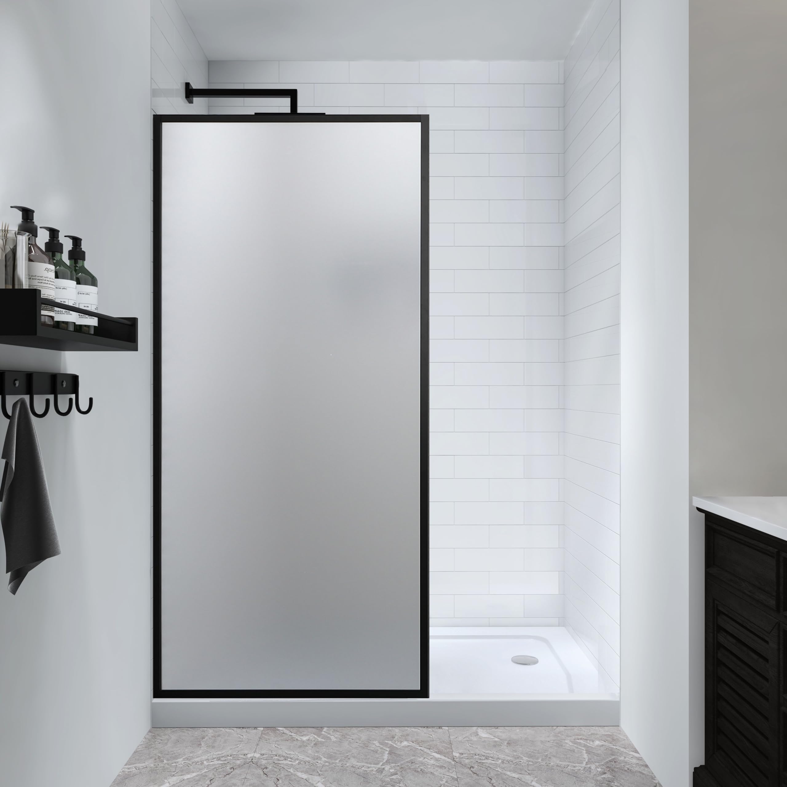 Frosted Shower Glass Panel 34" W x 72" H, Matte Black, Framed Fixed Glass Panel, 5/16" (8mm) SGCC Tempered Glass, Reversible Installation