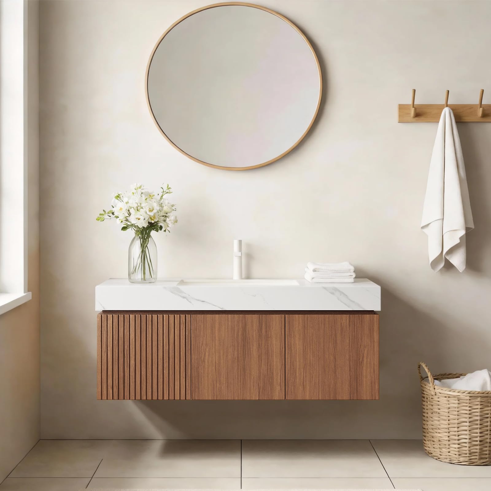 Ambrovina 48" Floating Bathroom Vanity with Sink, Modern Plywood Bathroom Storage Cabinet with Drawer and 2 Doors, Gray Sintered Stone Countertop and White Ceramic Basin, Pre-Assembled, Light Oak