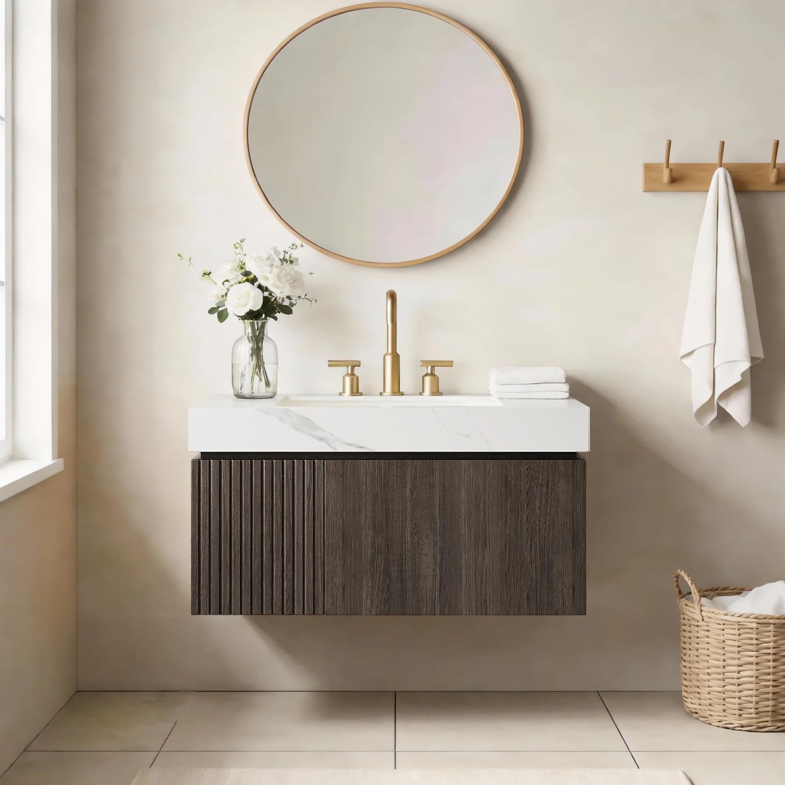 Ambrovina 48" Floating Bathroom Vanity with Sink, Modern Plywood Bathroom Storage Cabinet with Drawer and 2 Doors, Gray Sintered Stone Countertop and White Ceramic Basin, Pre-Assembled, Light Oak