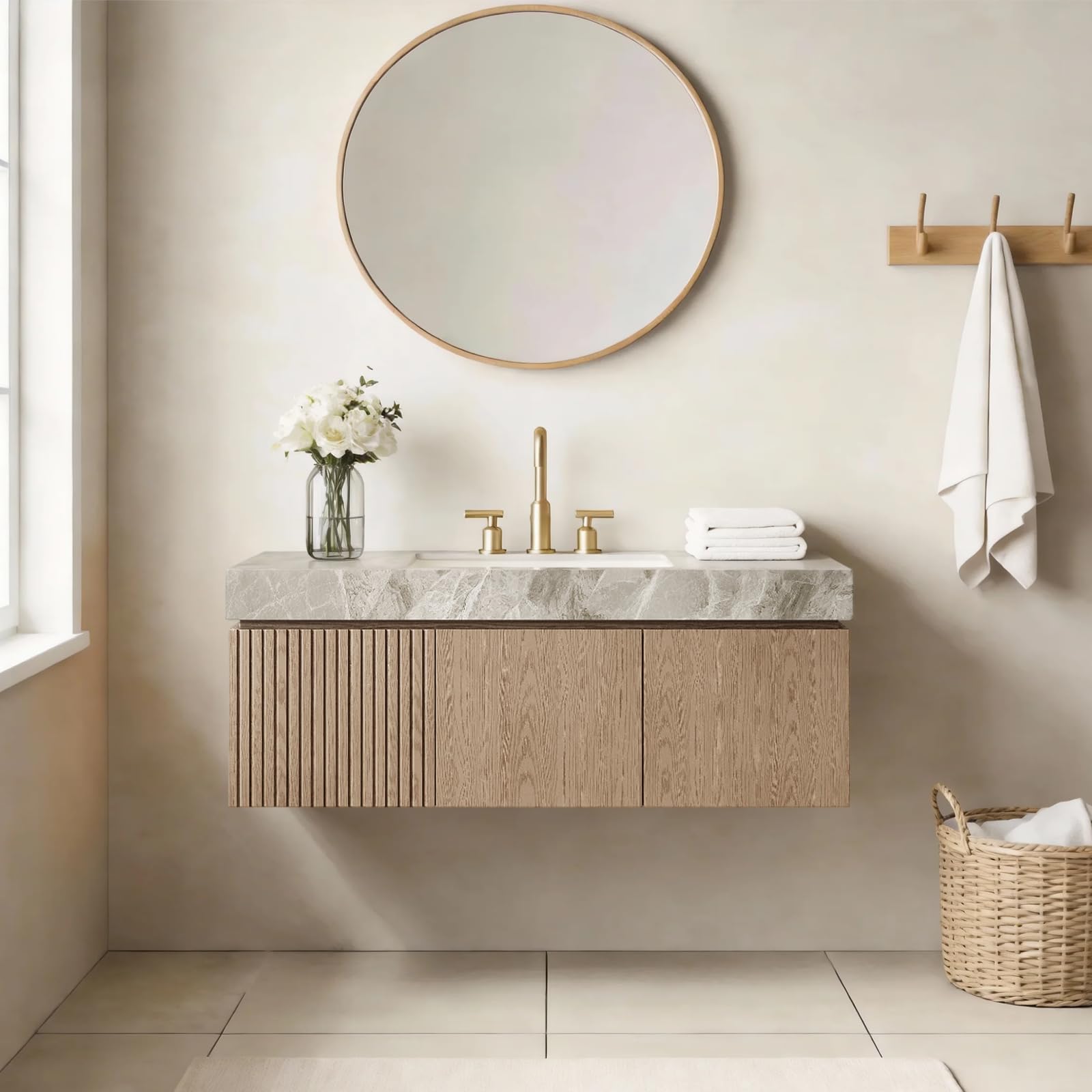 Ambrovina 48" Floating Bathroom Vanity with Sink, Modern Plywood Bathroom Storage Cabinet with Drawer and 2 Doors, Gray Sintered Stone Countertop and White Ceramic Basin, Pre-Assembled, Light Oak