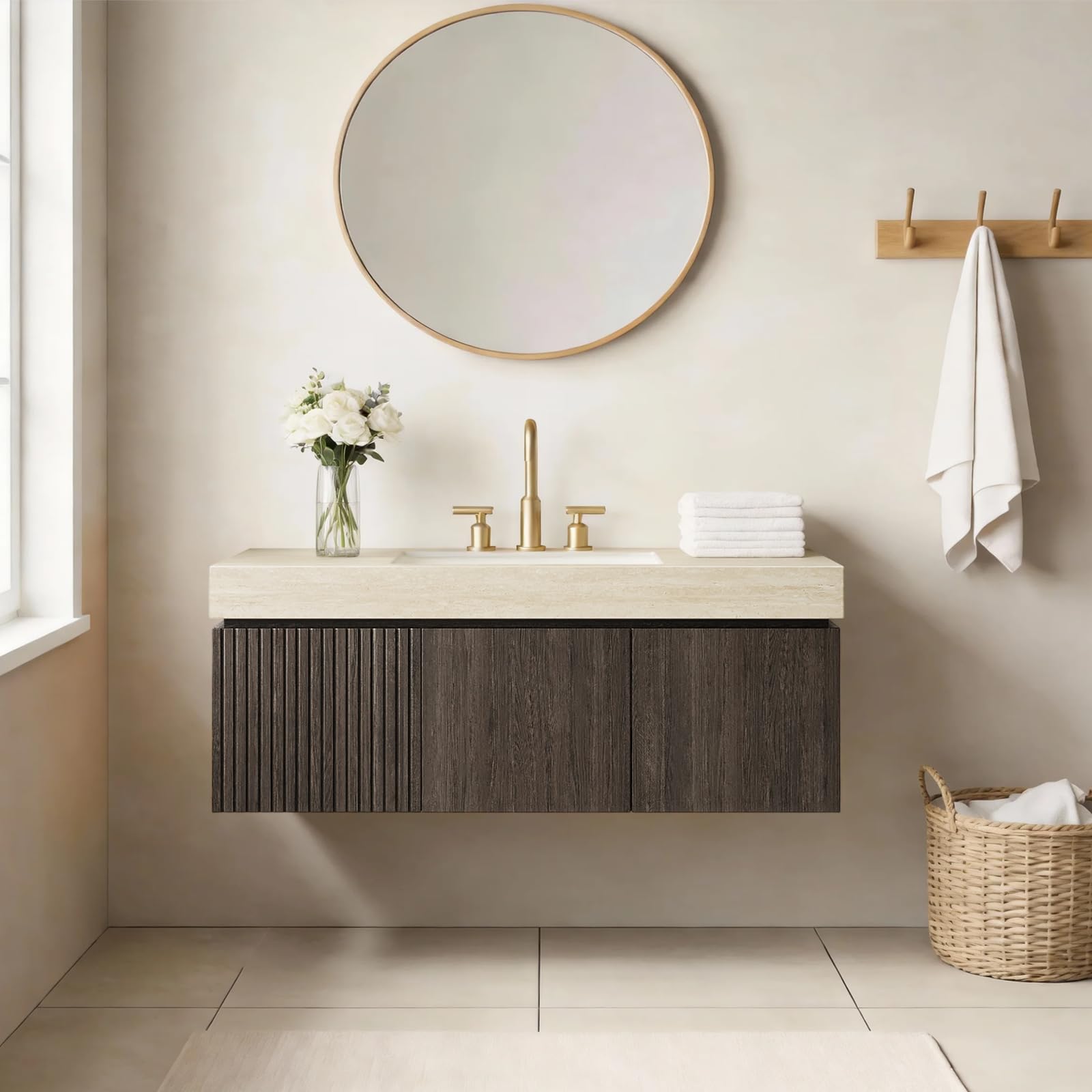 Ambrovina 48" Floating Bathroom Vanity with Sink, Modern Plywood Bathroom Storage Cabinet with Drawer and 2 Doors, Gray Sintered Stone Countertop and White Ceramic Basin, Pre-Assembled, Light Oak