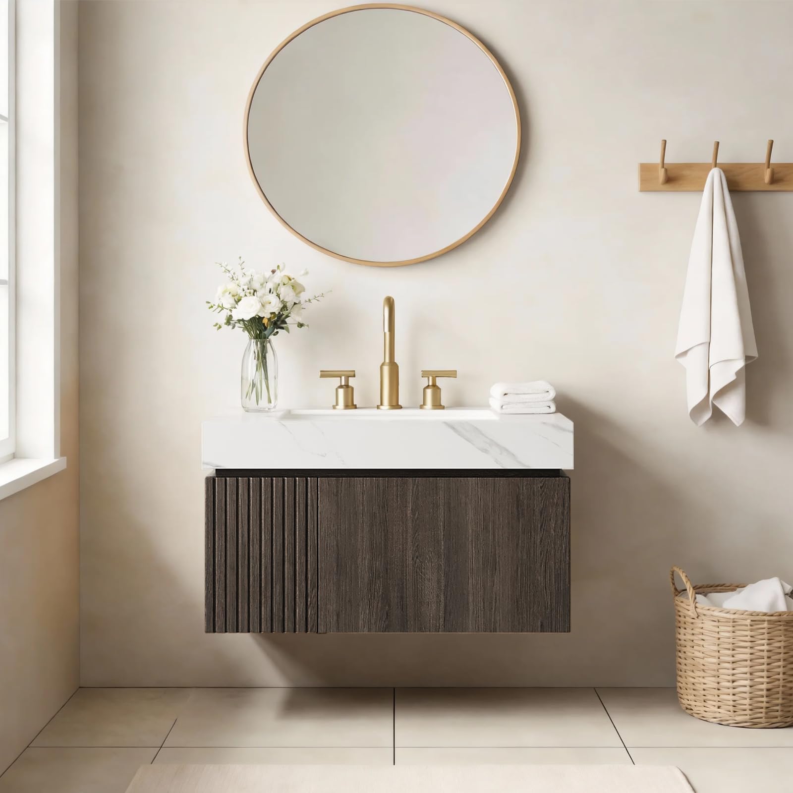 Ambrovina 48" Floating Bathroom Vanity with Sink, Modern Plywood Bathroom Storage Cabinet with Drawer and 2 Doors, Gray Sintered Stone Countertop and White Ceramic Basin, Pre-Assembled, Light Oak