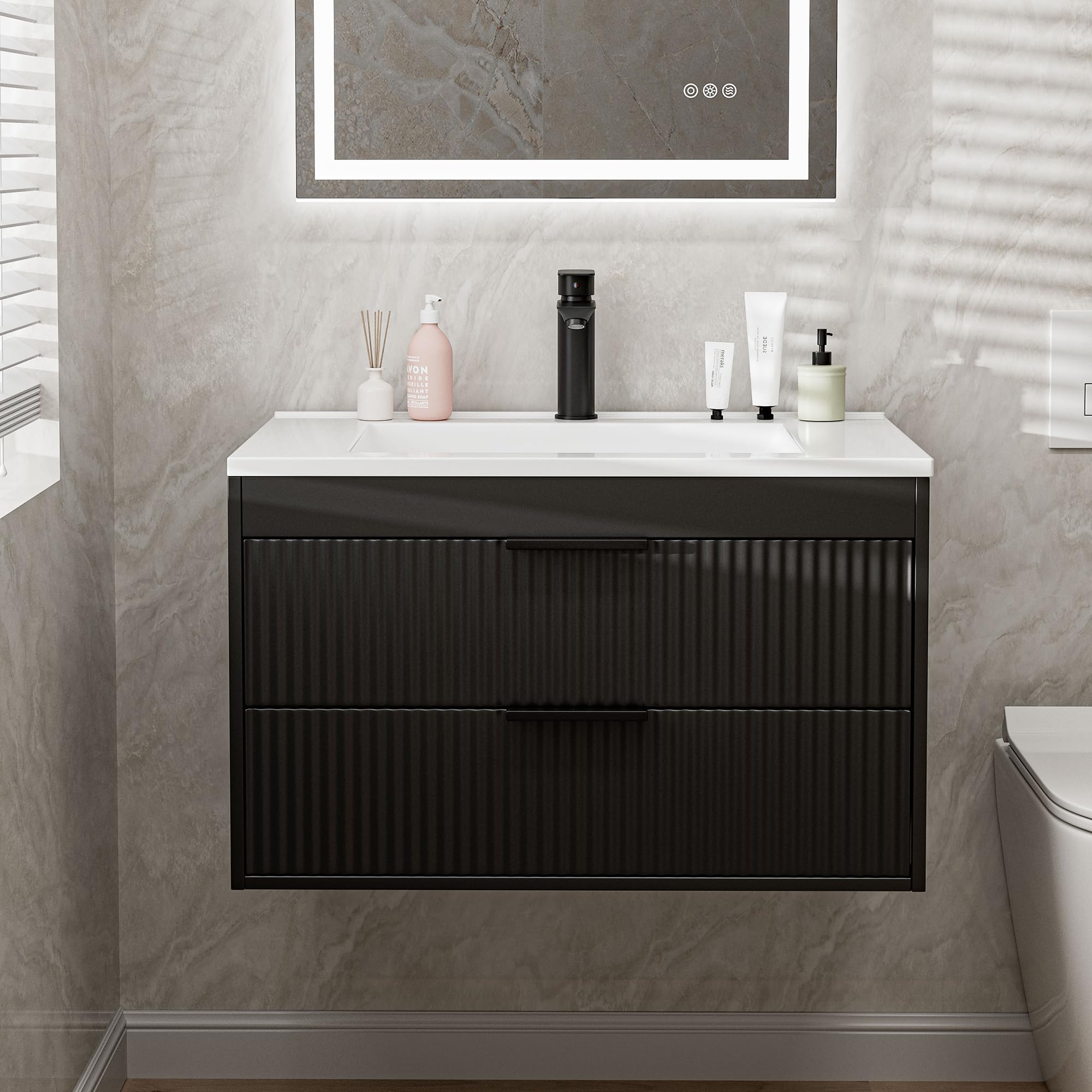 24 Inches Modern MDF Bathroom Vanity with Sink, Wall Mounted Floating Cabinets w/Double Drawers, Black Handles, White Resin Sink Combo Set (White, 24")