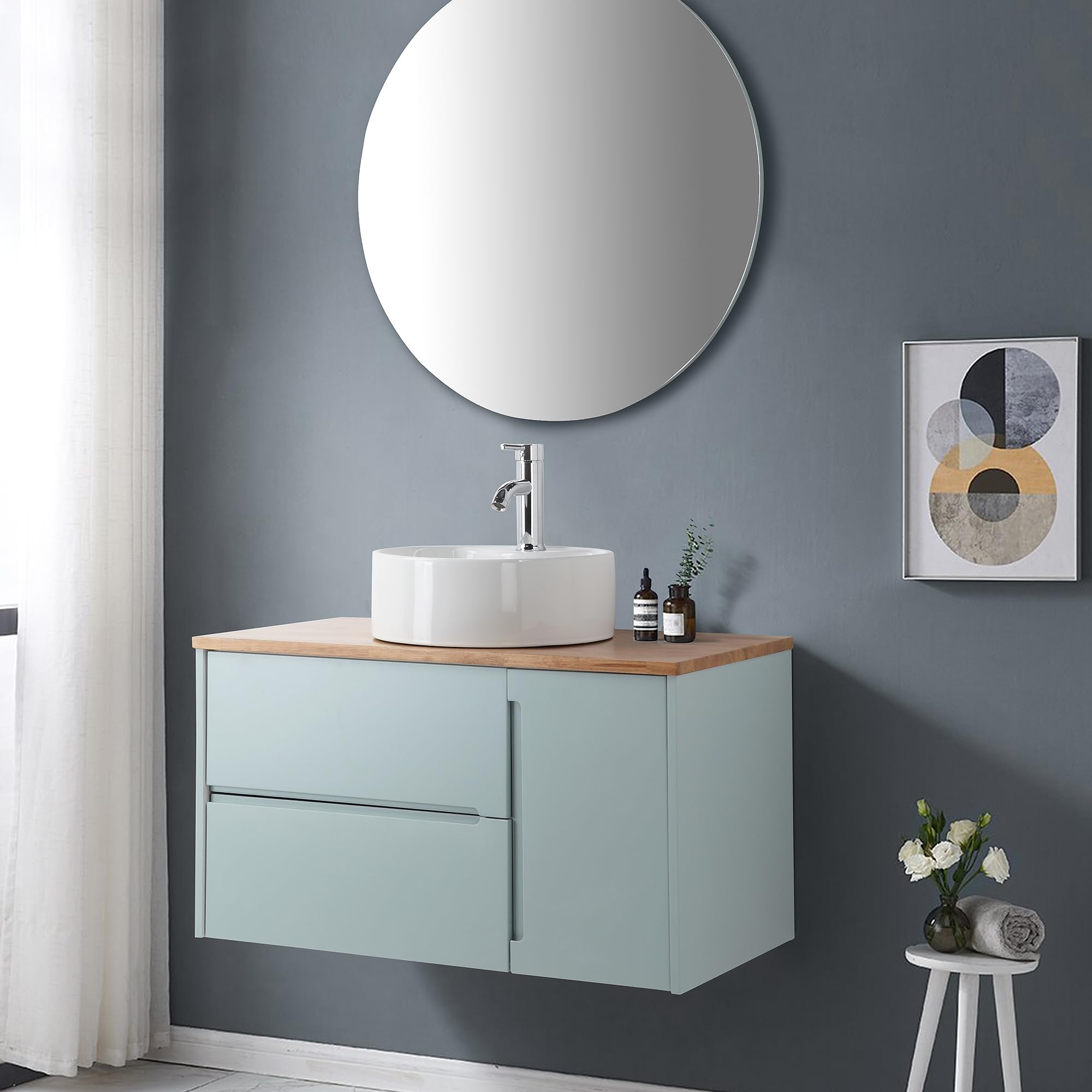 40 inch Modern Floating Bathroom Vanity with Sink, Wall Mounted Bathroom Cabinet with Ceramic Sink, Sintered Stone Countertop, 2 Soft Closing Drawers & Open Storage Shelf, Black