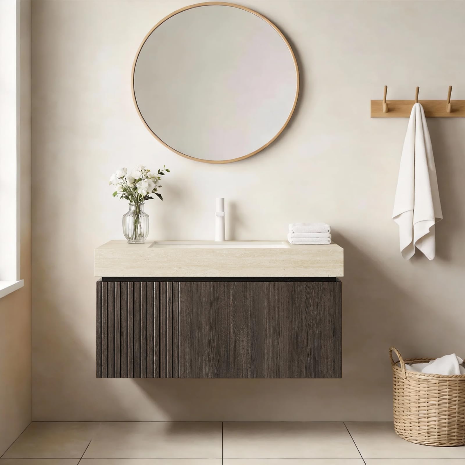 Ambrovina 48" Floating Bathroom Vanity with Sink, Modern Plywood Bathroom Storage Cabinet with Drawer and 2 Doors, Gray Sintered Stone Countertop and White Ceramic Basin, Pre-Assembled, Light Oak