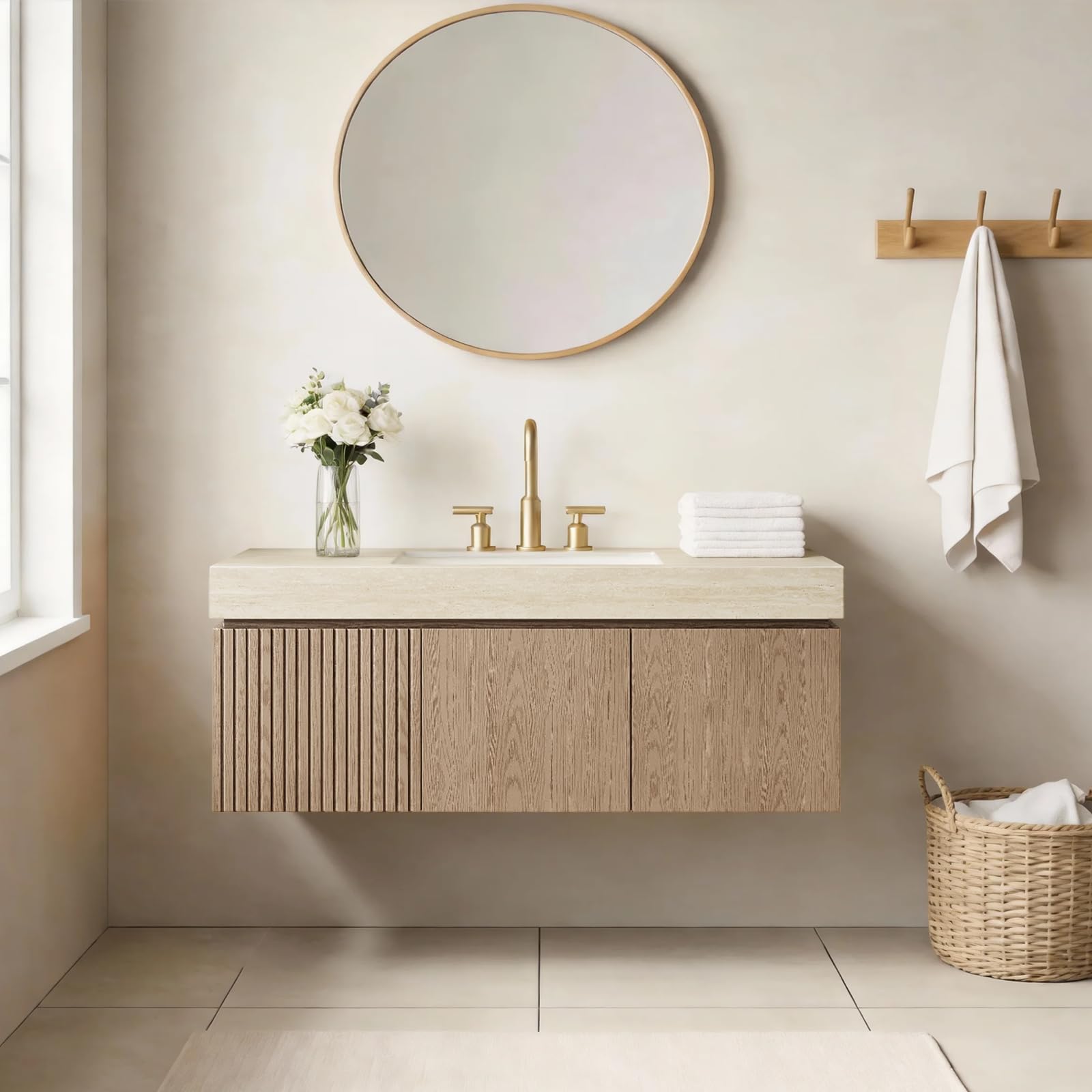 Ambrovina 48" Floating Bathroom Vanity with Sink, Modern Plywood Bathroom Storage Cabinet with Drawer and 2 Doors, Gray Sintered Stone Countertop and White Ceramic Basin, Pre-Assembled, Light Oak