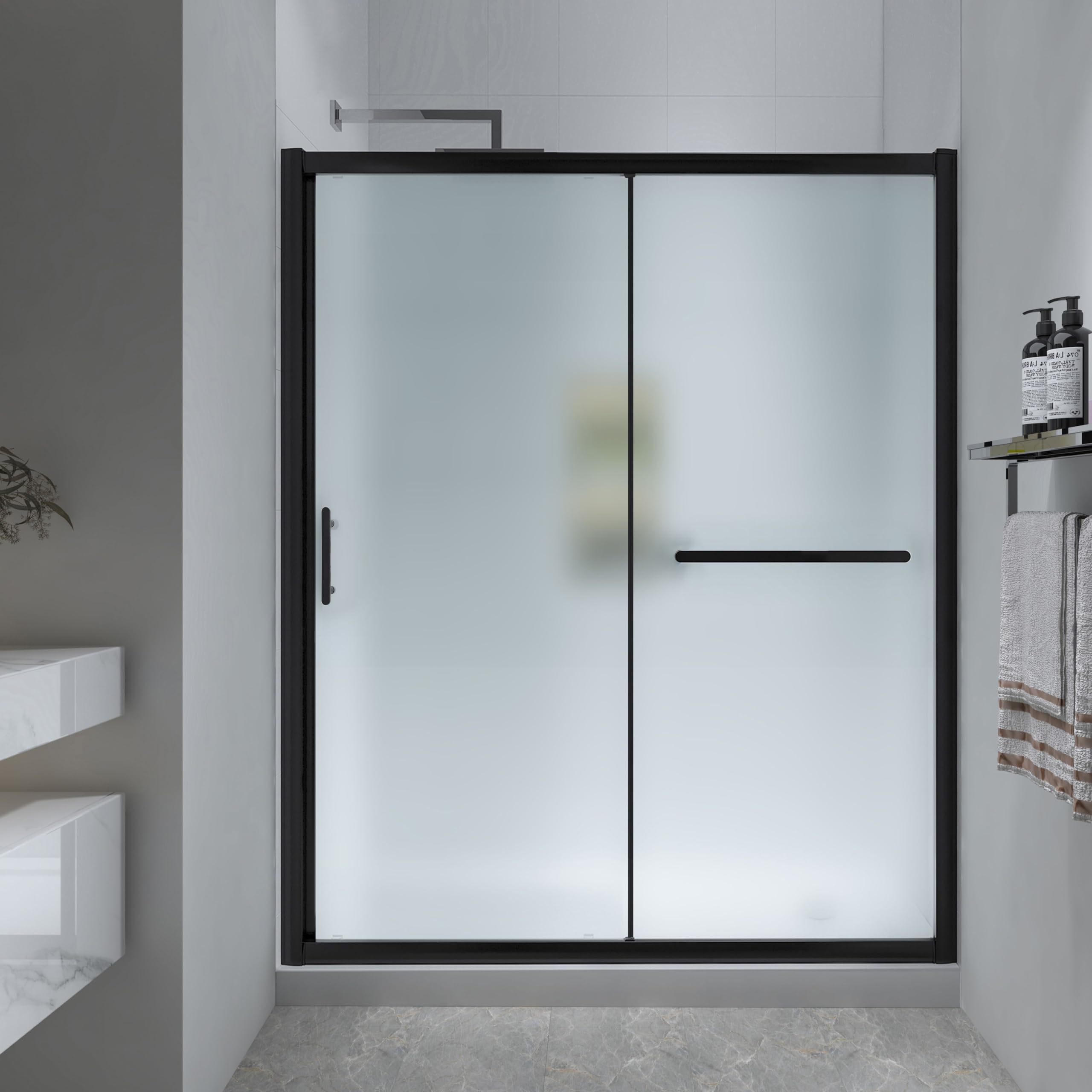 Frosted Sliding Shower Door 55-60" W x 72" H, Matte Black, Single Sliding Door, Framed, 1/4" (6mm) SGCC Tempered Glass, Reversible Installation