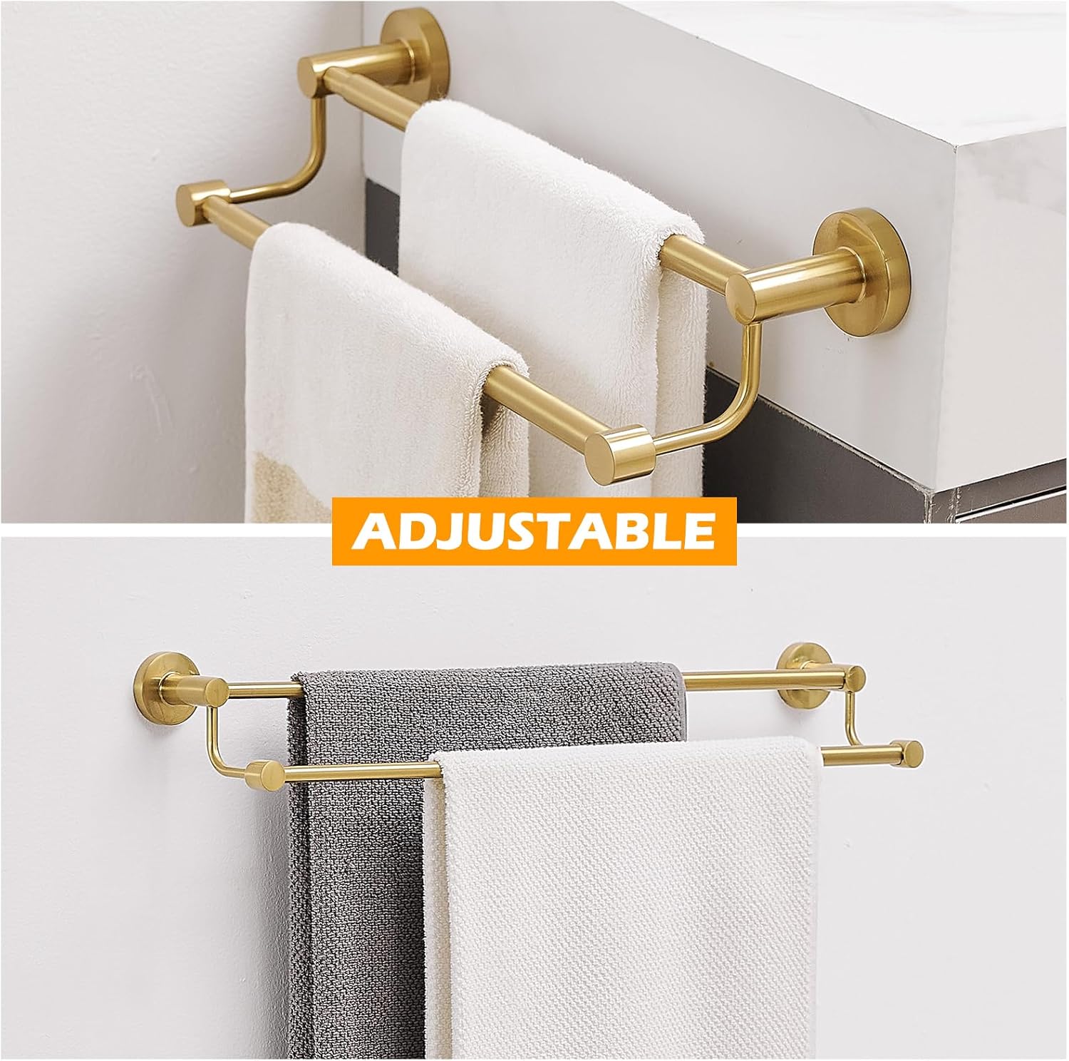 BESy Adjustable 16-26 Inches Double Bath Towel Bar for Bathroom SUS304 Stainless Steel Towel Holder, Hotel Style Wall Mount with Screws Hand Towel Bar，Towel Rack Rod Hanger, Brushed Gold Finish