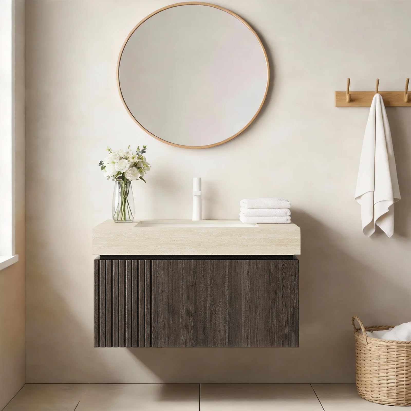 Ambrovina 48" Floating Bathroom Vanity with Sink, Modern Plywood Bathroom Storage Cabinet with Drawer and 2 Doors, Gray Sintered Stone Countertop and White Ceramic Basin, Pre-Assembled, Light Oak