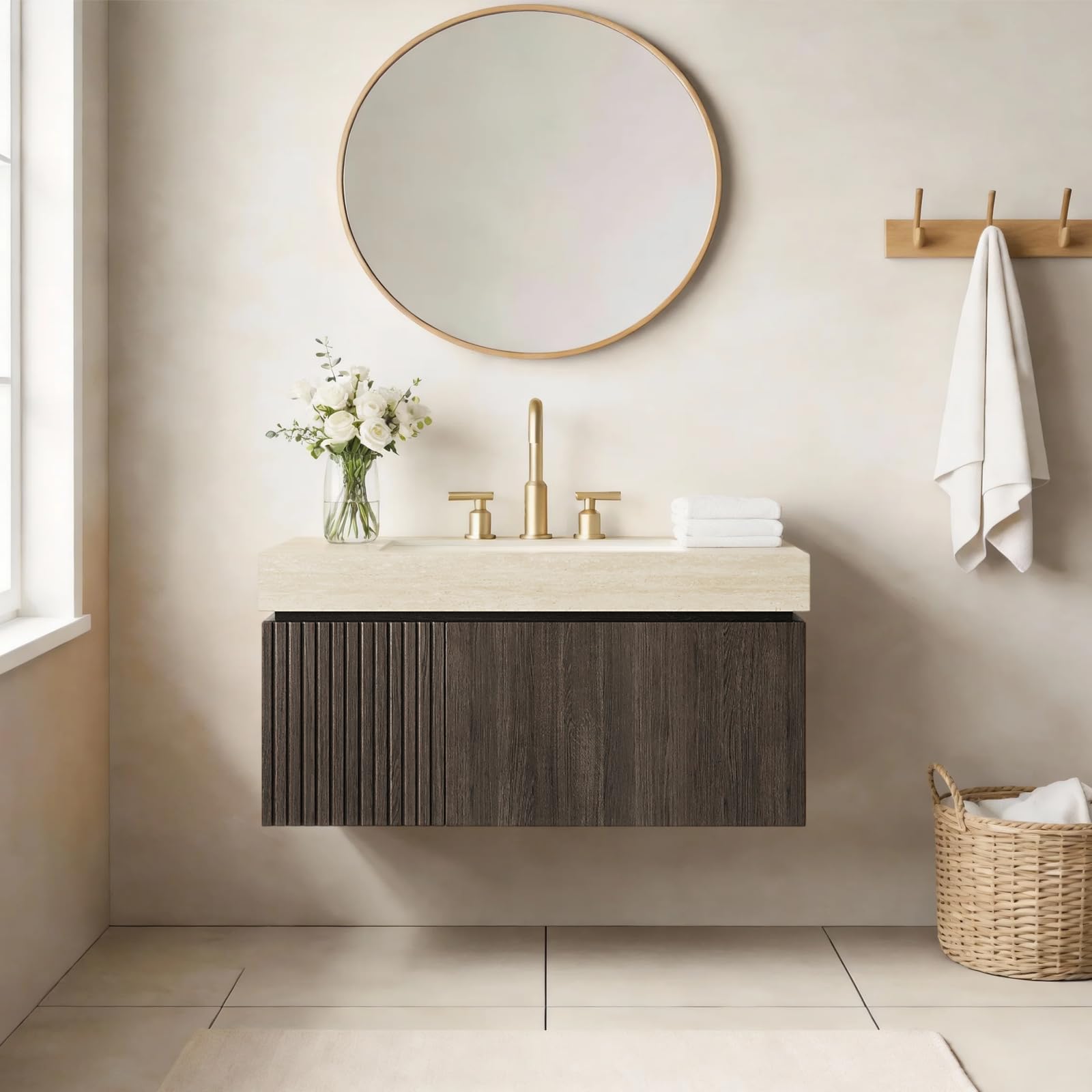 Ambrovina 48" Floating Bathroom Vanity with Sink, Modern Plywood Bathroom Storage Cabinet with Drawer and 2 Doors, Gray Sintered Stone Countertop and White Ceramic Basin, Pre-Assembled, Light Oak