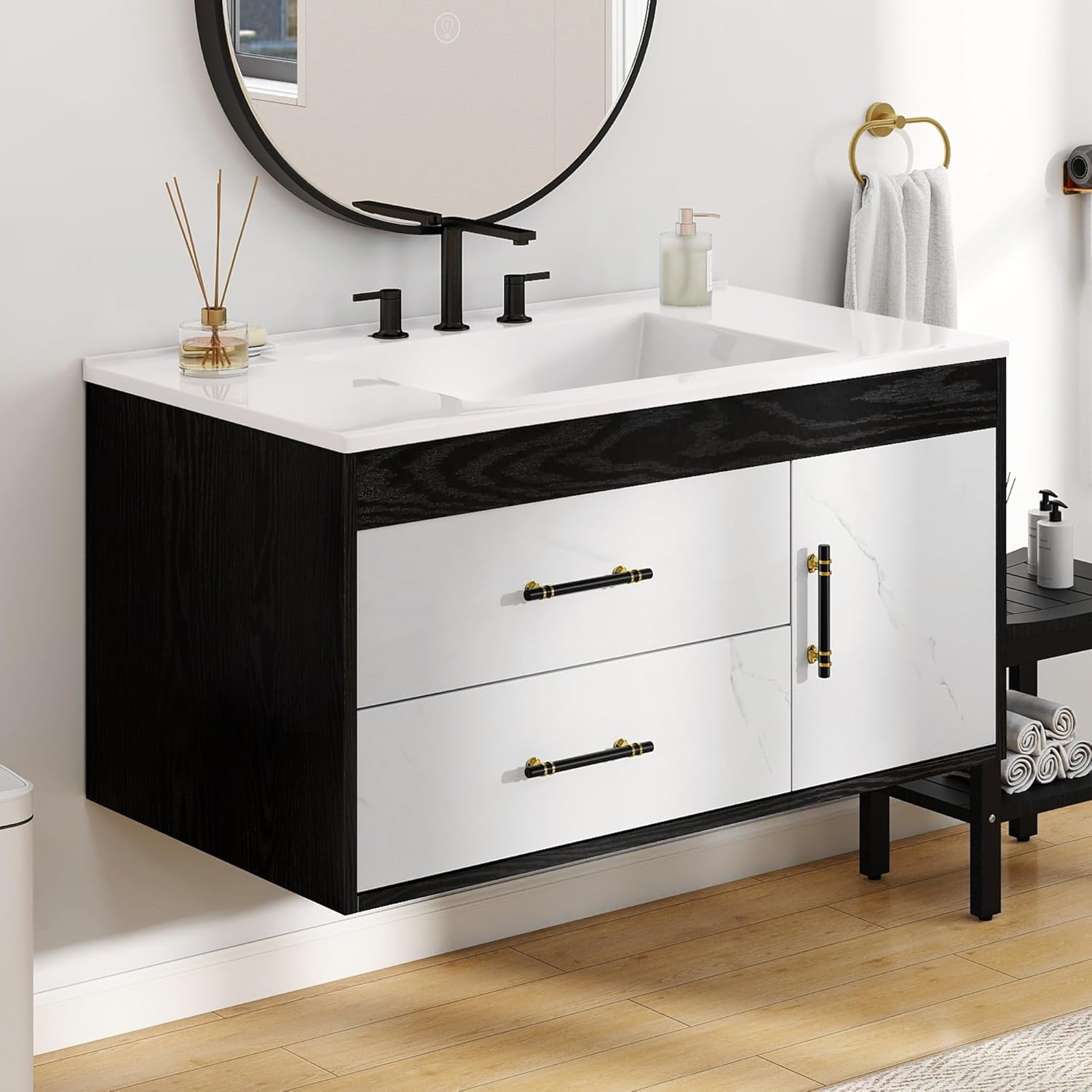 DWVO 36 Inch Floating Bathroom Vanity with Sink, Wall Mounted Bathroom Vanity with Marble Pattern, 2 Drawers & 1 Soft-Close System Cabinet, Pre-drilled Three Holes