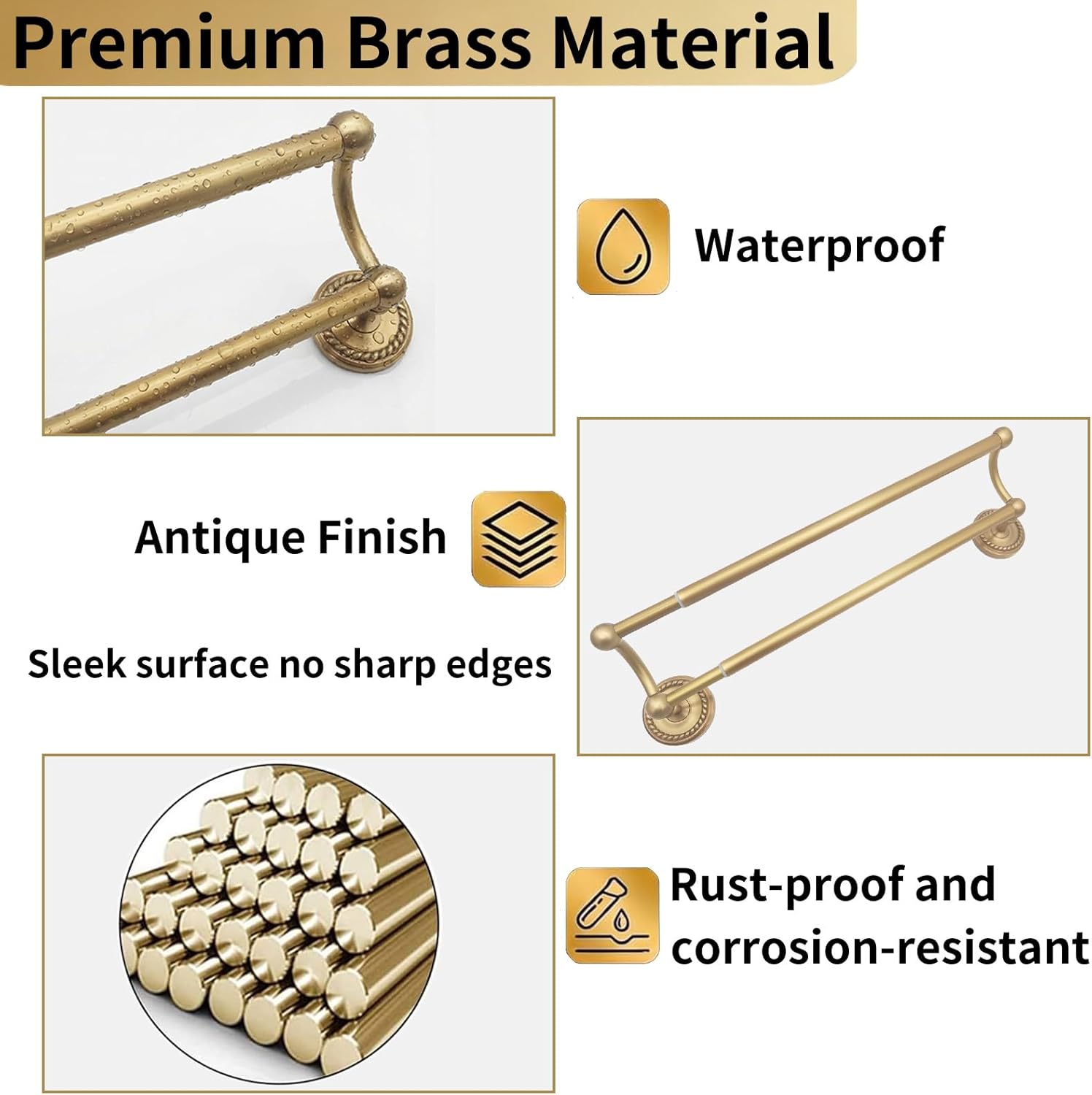 Double Towel Bar, Antique Brass Bathroom Towel Racks Wall Mounted, Adjustable Gold Towel Bar Fits 14-25 Inch Centers, Heavy Duty Rustproof Brass Towel Rod Holder for Bath