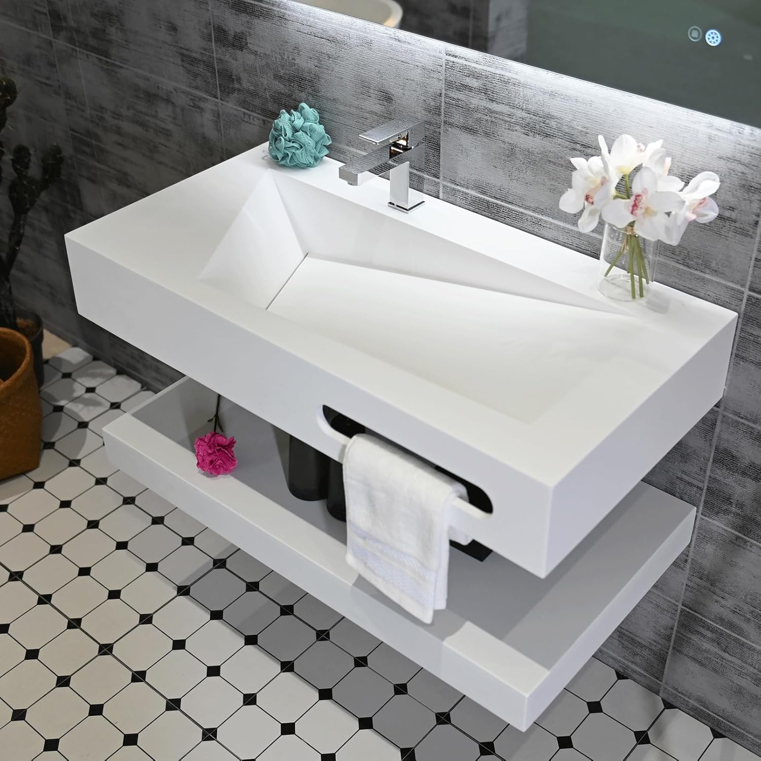 Gesipor 36"x19" Wall Mount Bathroom Vanity with Sink Stone Resin Floating Vanity Sink Rectangular Vessel Sinks for Bathroom White Trough with Shelf Layer (Mirror Not Included)
