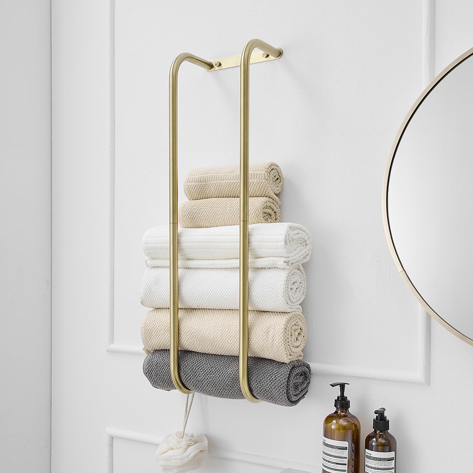 BWE Brushed Gold Towel Racks for Bathroom, Wall Mounted Towel Rack for Rolled Towels, Bathroom Towel Storage, Stainless Steel Vertical Towel Holder, Bathroom Organizer
