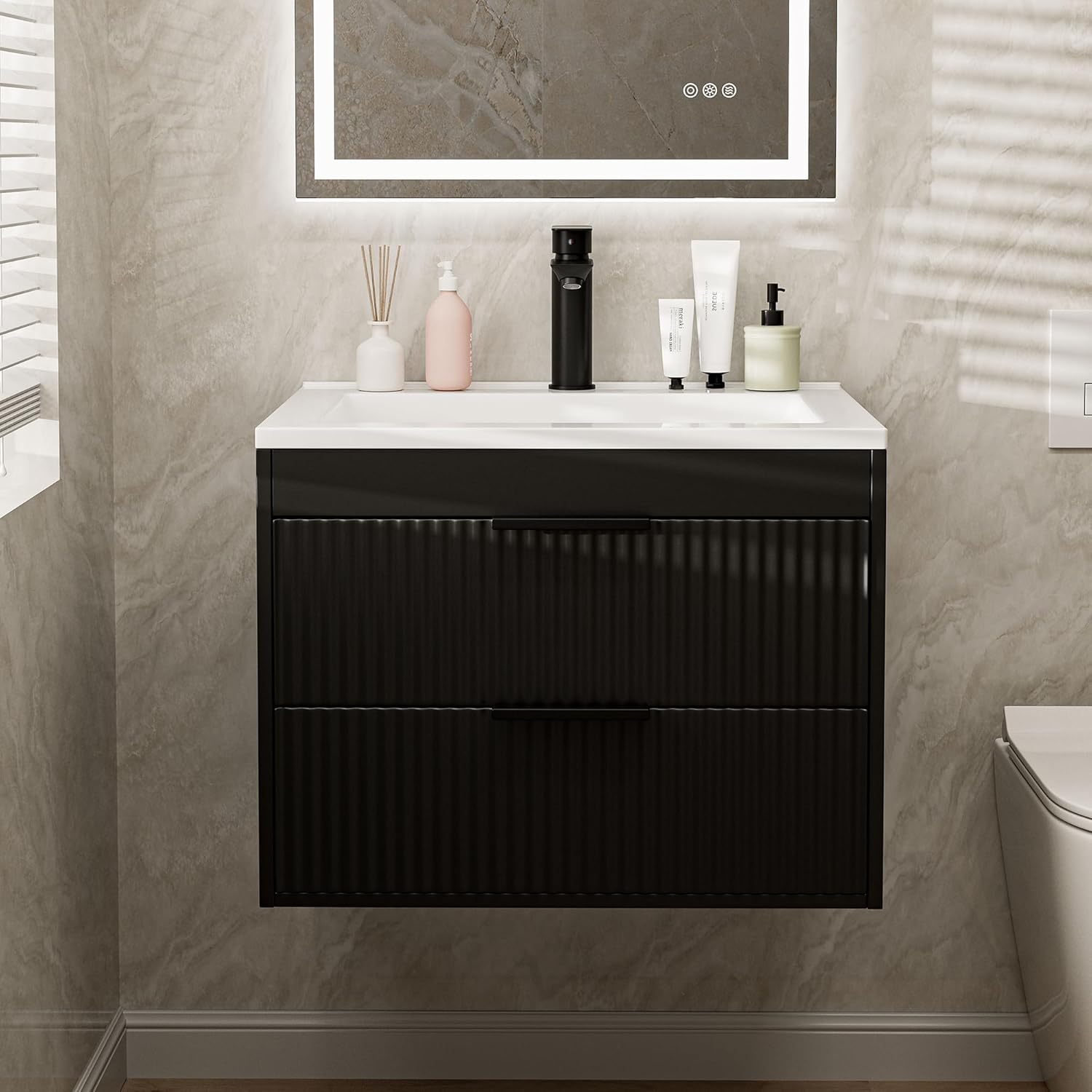 24 Inches Modern MDF Bathroom Vanity with Sink, Wall Mounted Floating Cabinets w/Double Drawers, Black Handles, White Resin Sink Combo Set (Black, 24")