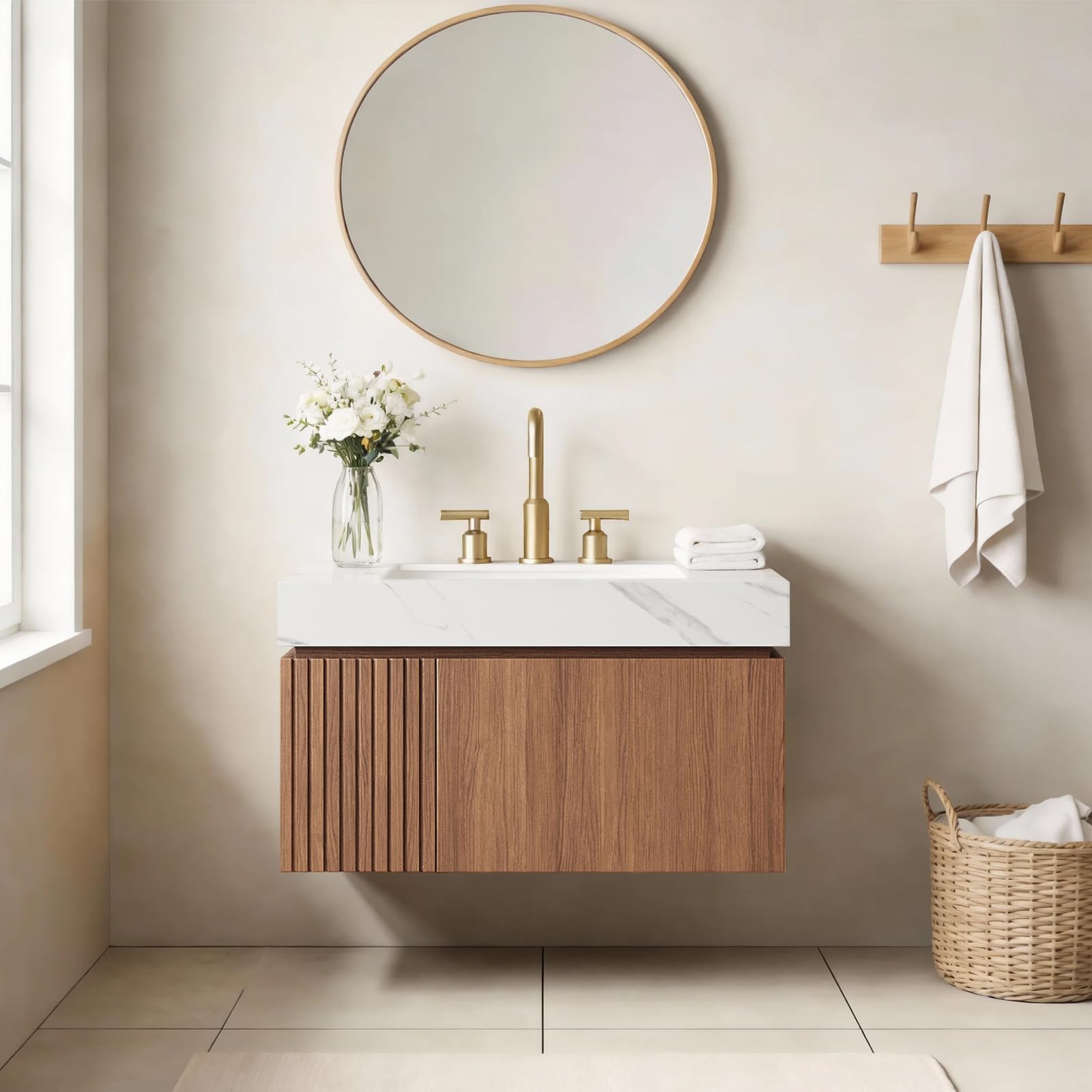 Ambrovina 48" Floating Bathroom Vanity with Sink, Modern Plywood Bathroom Storage Cabinet with Drawer and 2 Doors, Gray Sintered Stone Countertop and White Ceramic Basin, Pre-Assembled, Light Oak