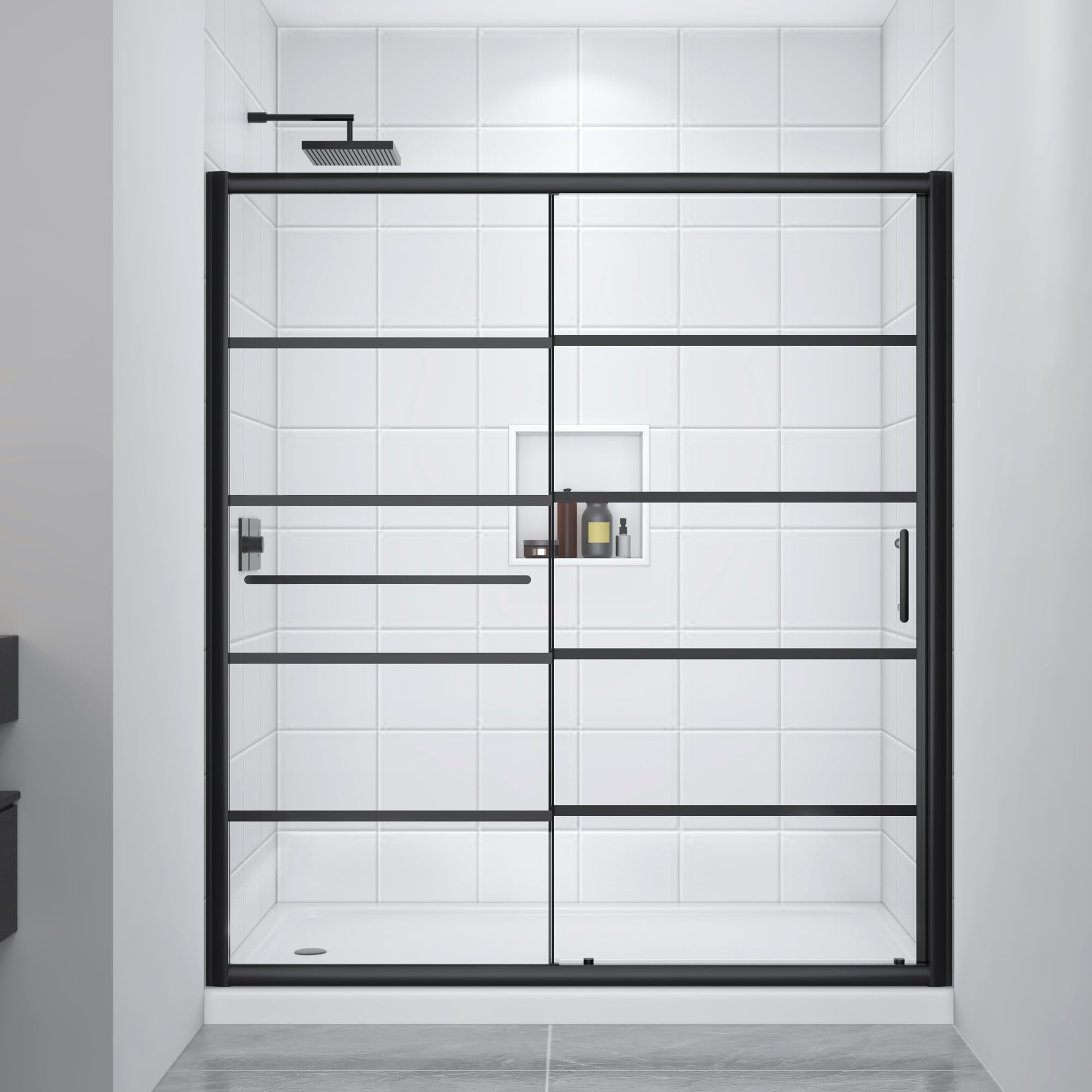 Frosted Sliding Shower Door 55-60" W x 72" H, Matte Black, Single Sliding Door, Framed, 1/4" (6mm) SGCC Tempered Glass, Reversible Installation