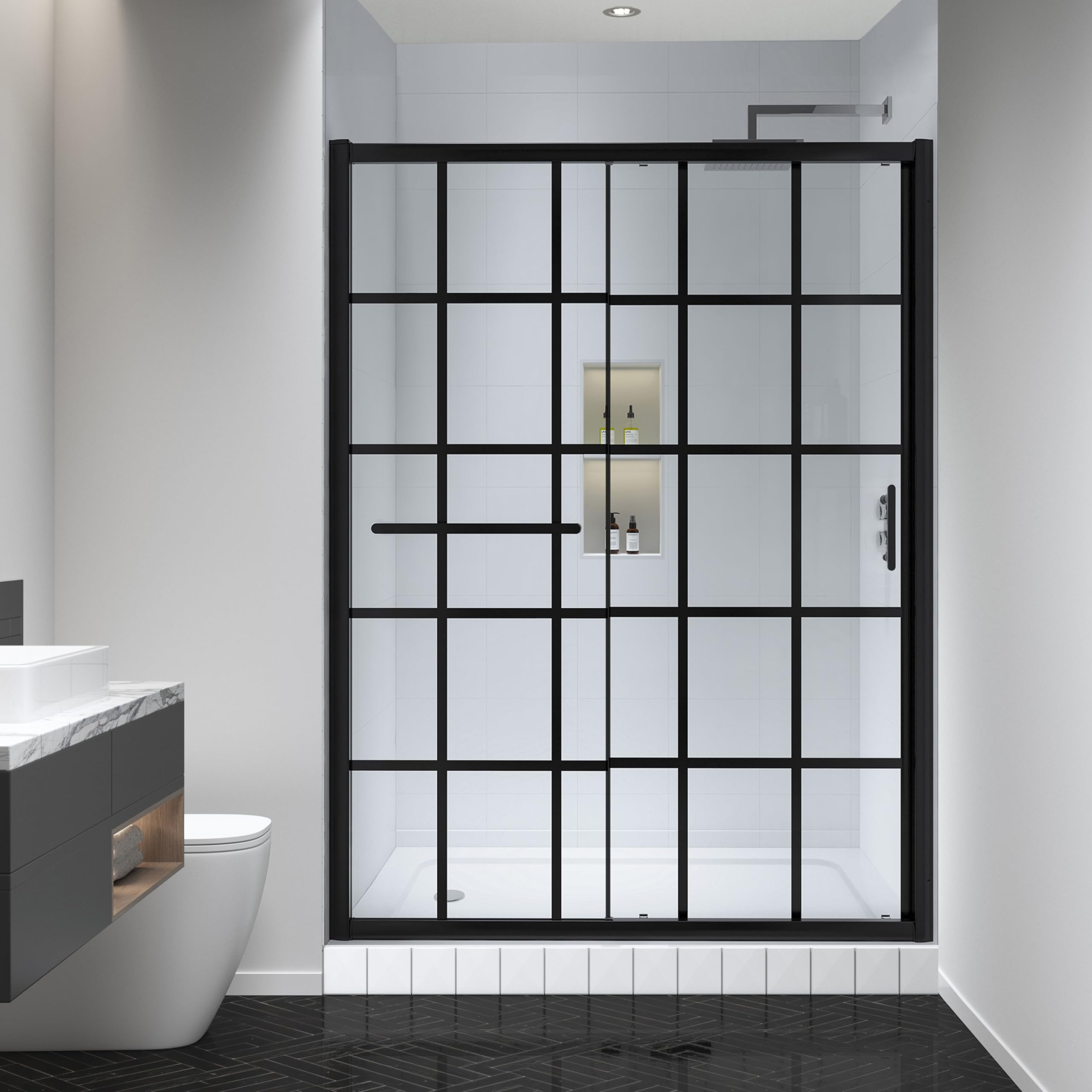 Frosted Sliding Shower Door 55-60" W x 72" H, Matte Black, Single Sliding Door, Framed, 1/4" (6mm) SGCC Tempered Glass, Reversible Installation