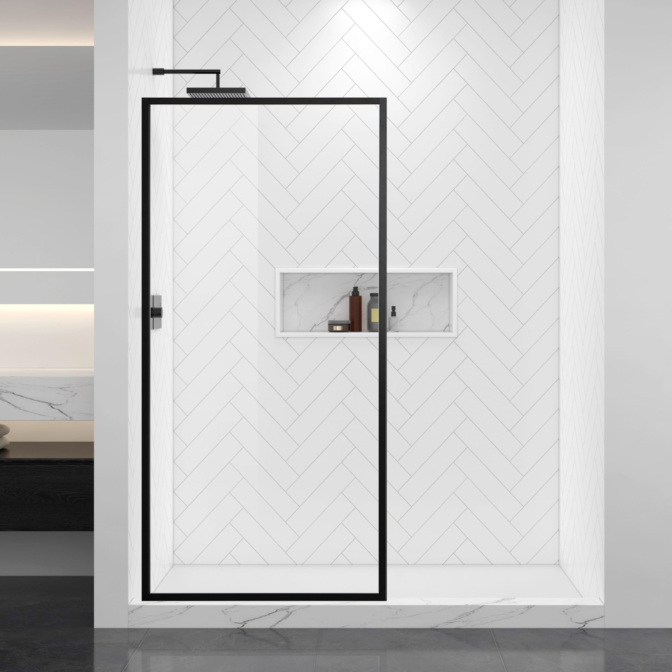 Frosted Shower Glass Panel 34" W x 72" H, Matte Black, Framed Fixed Glass Panel, 5/16" (8mm) SGCC Tempered Glass, Reversible Installation