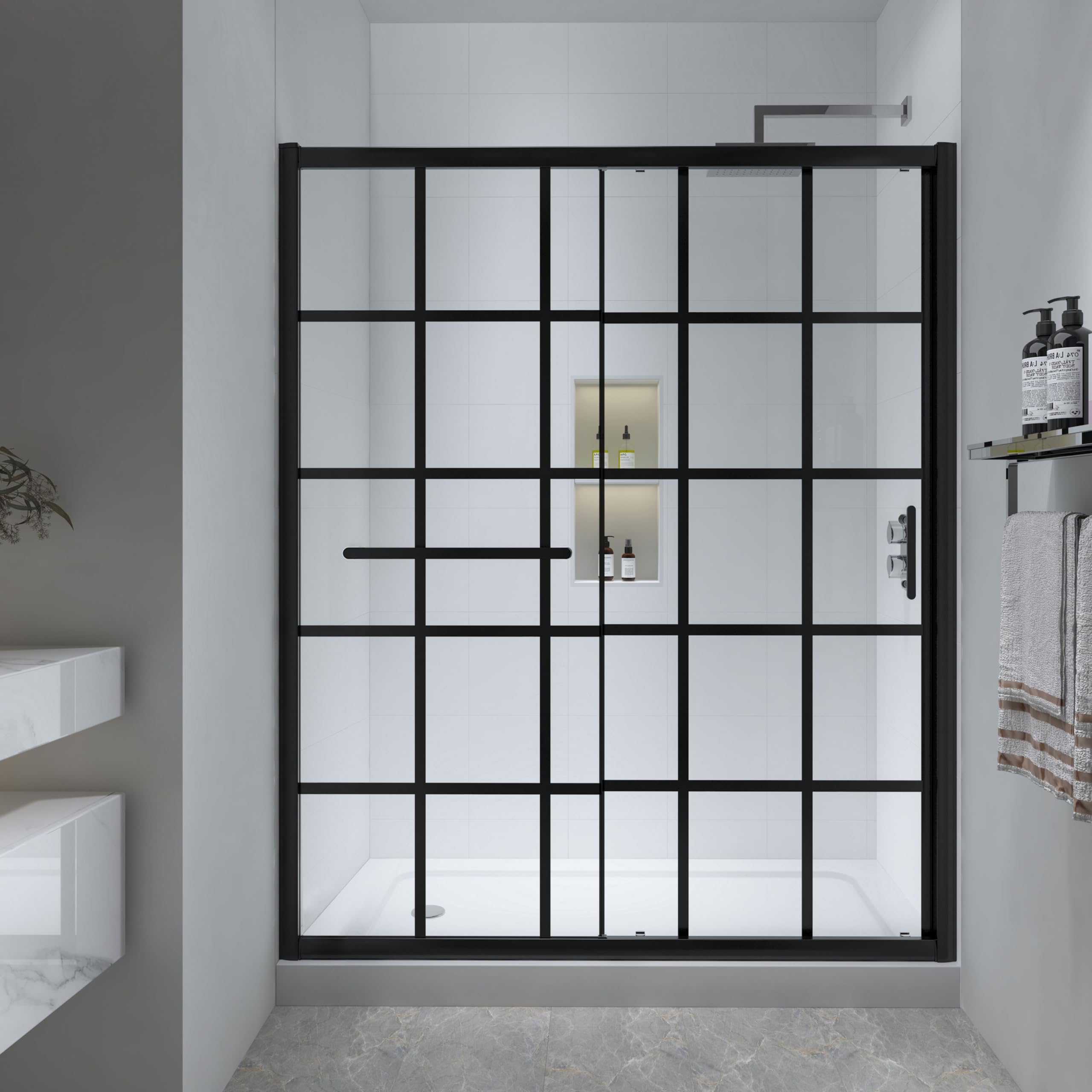 Frosted Sliding Shower Door 55-60" W x 72" H, Matte Black, Single Sliding Door, Framed, 1/4" (6mm) SGCC Tempered Glass, Reversible Installation