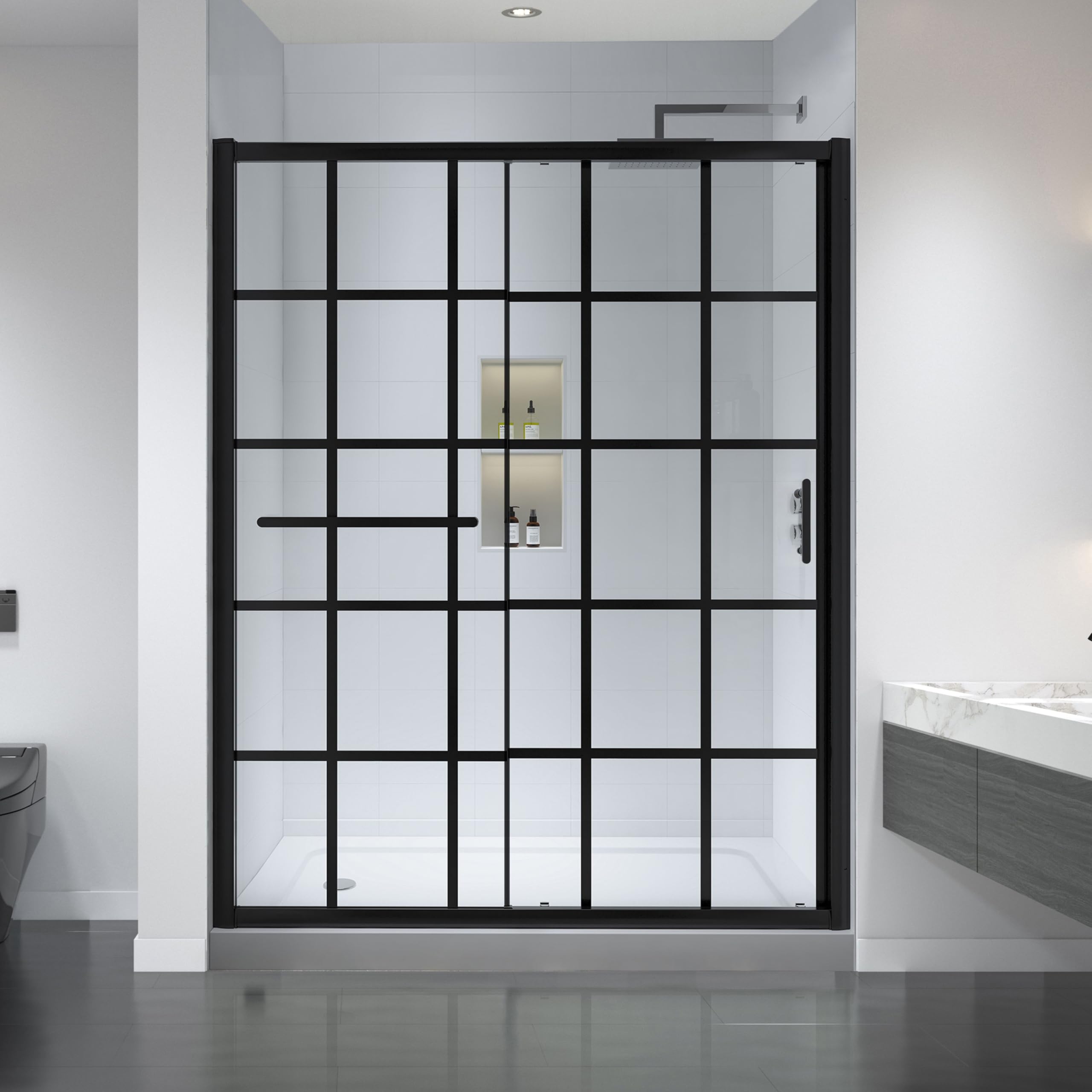 Frosted Sliding Shower Door 55-60" W x 72" H, Matte Black, Single Sliding Door, Framed, 1/4" (6mm) SGCC Tempered Glass, Reversible Installation