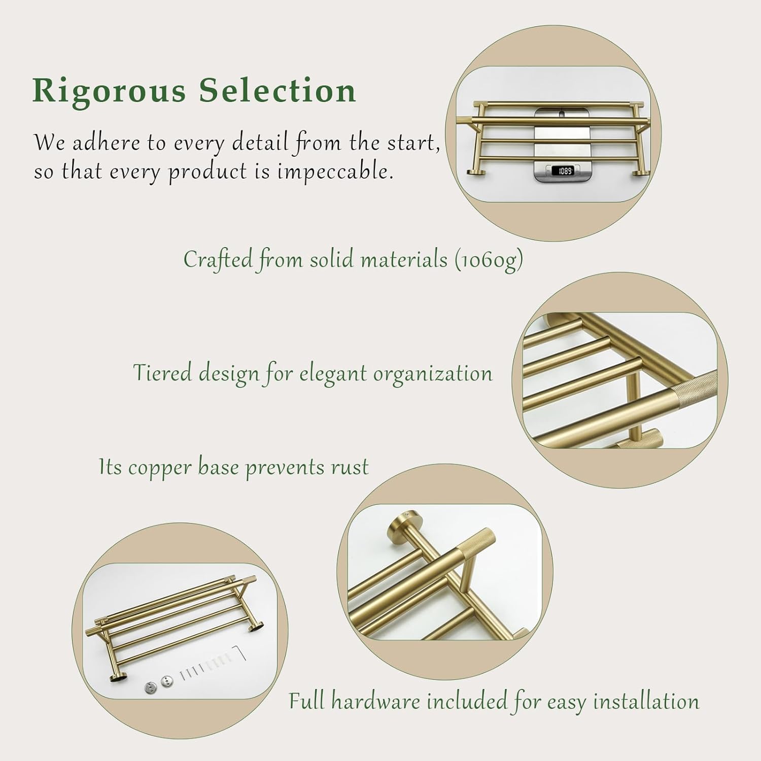 24-Inch Brushed Gold Towel Racks for Bathroom Wall-Mounted, with Solid Brass Knurled Accents, Rust-Resistant 304 Stainless Steel