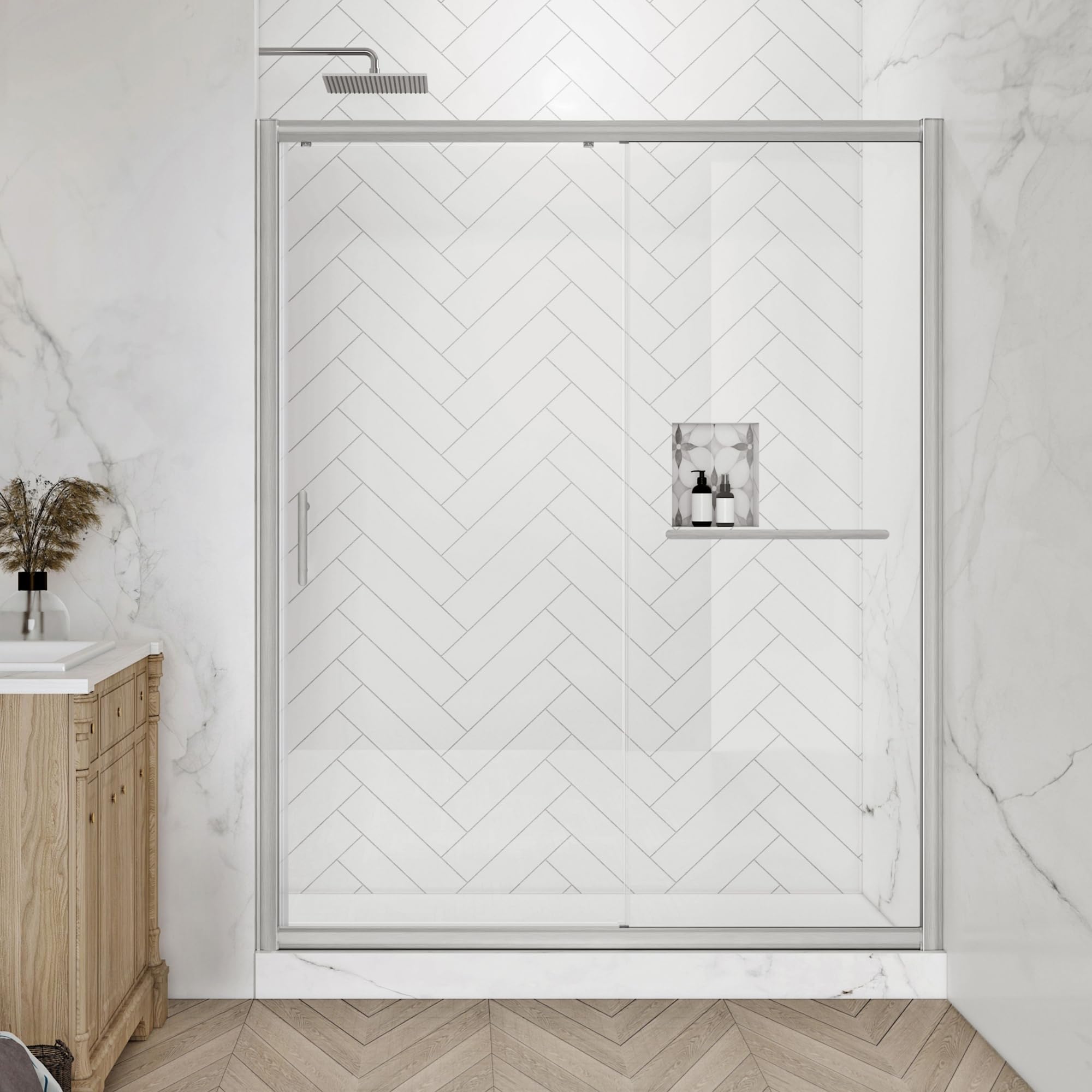 Frosted Sliding Shower Door 55-60" W x 72" H, Matte Black, Single Sliding Door, Framed, 1/4" (6mm) SGCC Tempered Glass, Reversible Installation