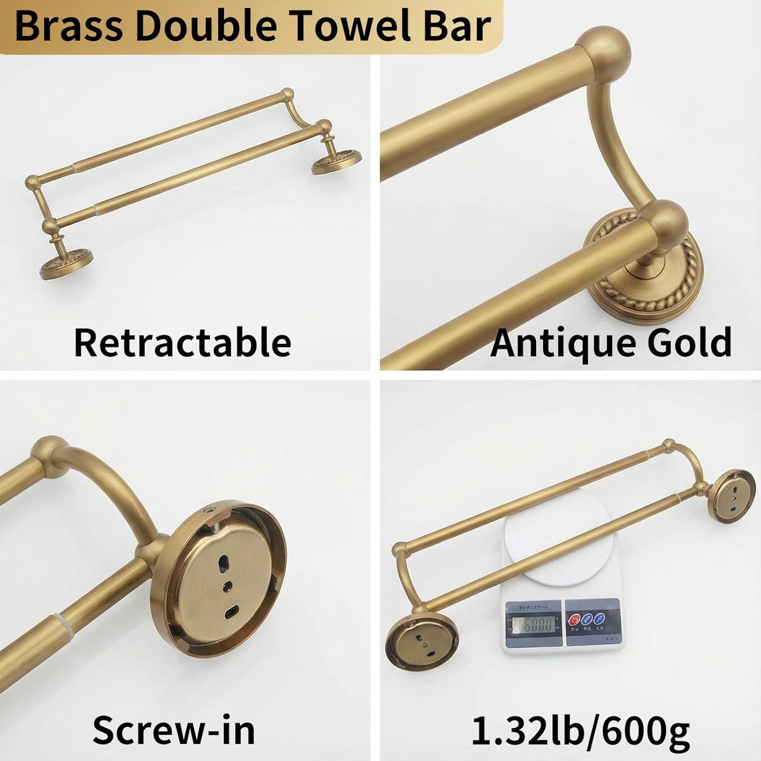 Double Towel Bar, Antique Brass Bathroom Towel Racks Wall Mounted, Adjustable Gold Towel Bar Fits 14-25 Inch Centers, Heavy Duty Rustproof Brass Towel Rod Holder for Bath