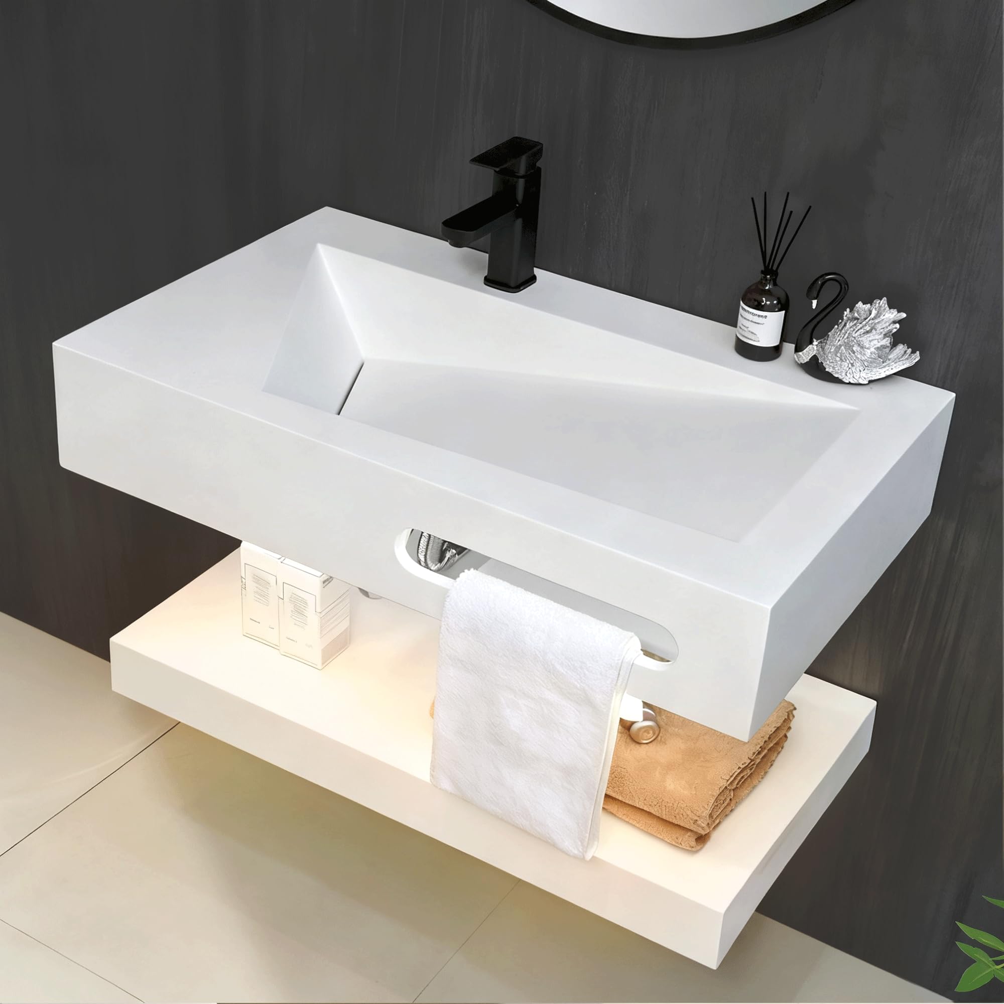 Gesipor 36"x19" Wall Mount Bathroom Vanity with Sink Stone Resin Floating Vanity Sink Rectangular Vessel Sinks for Bathroom White Trough with Shelf Layer (Mirror Not Included)