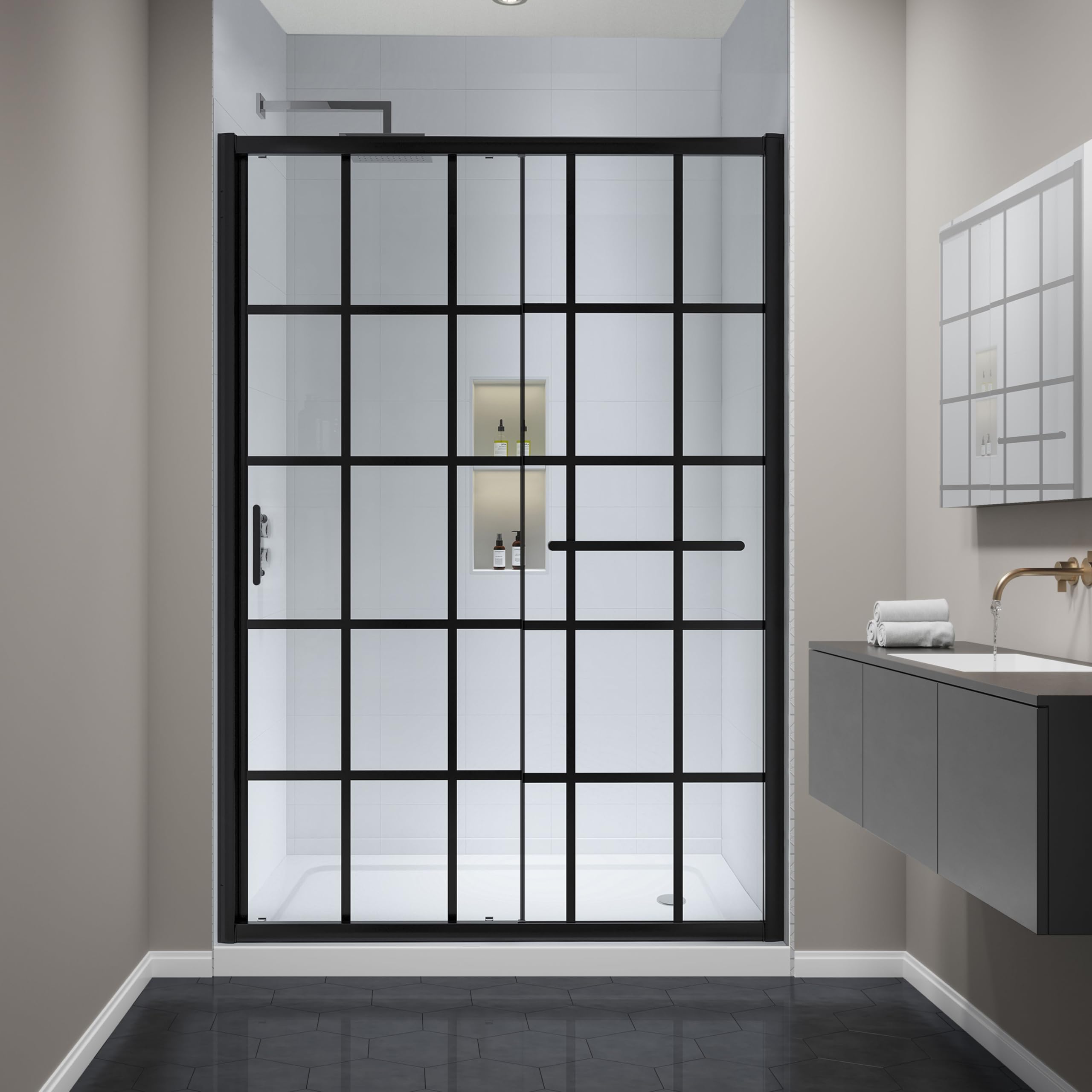 Frosted Sliding Shower Door 55-60" W x 72" H, Matte Black, Single Sliding Door, Framed, 1/4" (6mm) SGCC Tempered Glass, Reversible Installation