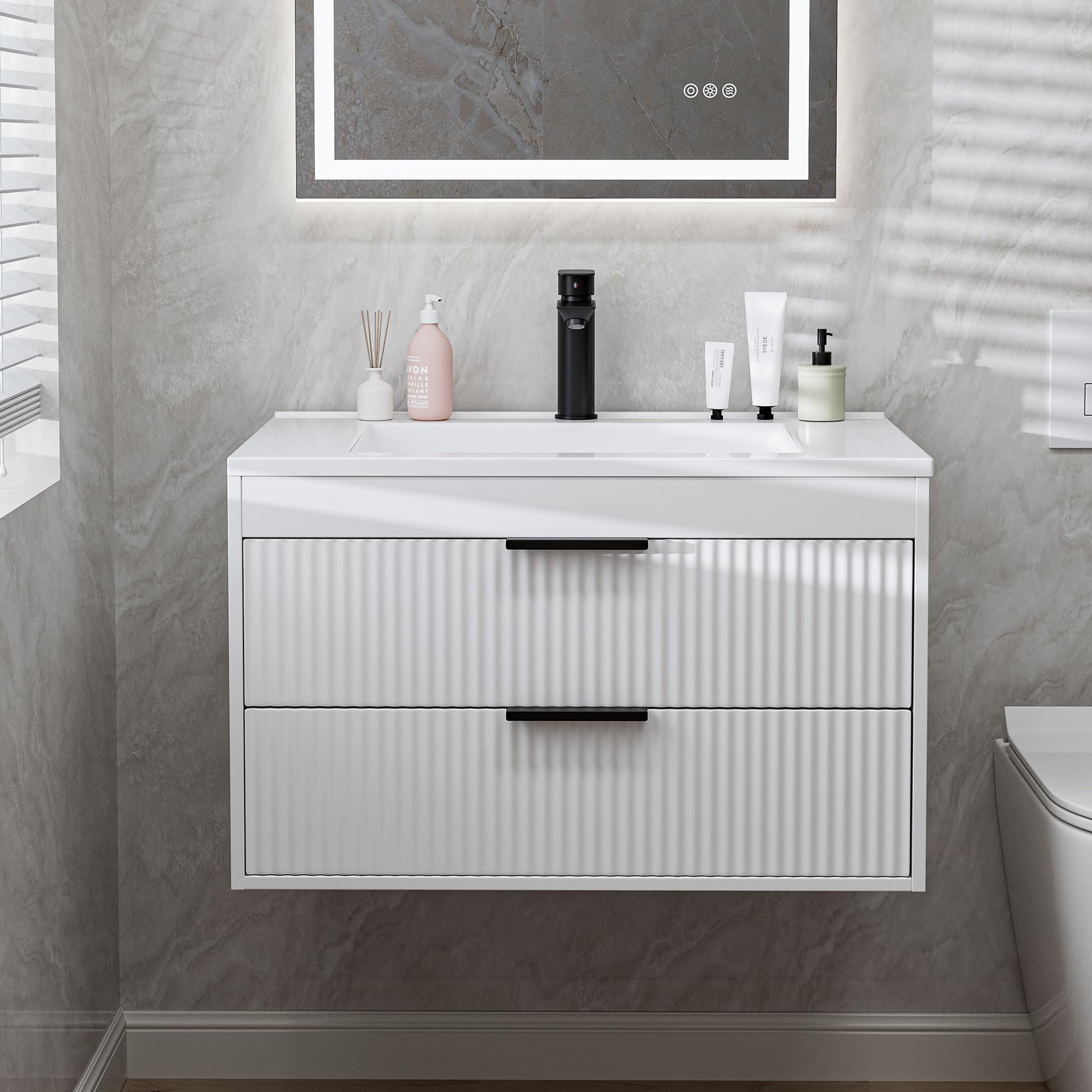 24 Inches Modern MDF Bathroom Vanity with Sink, Wall Mounted Floating Cabinets w/Double Drawers, Black Handles, White Resin Sink Combo Set (Black, 24")