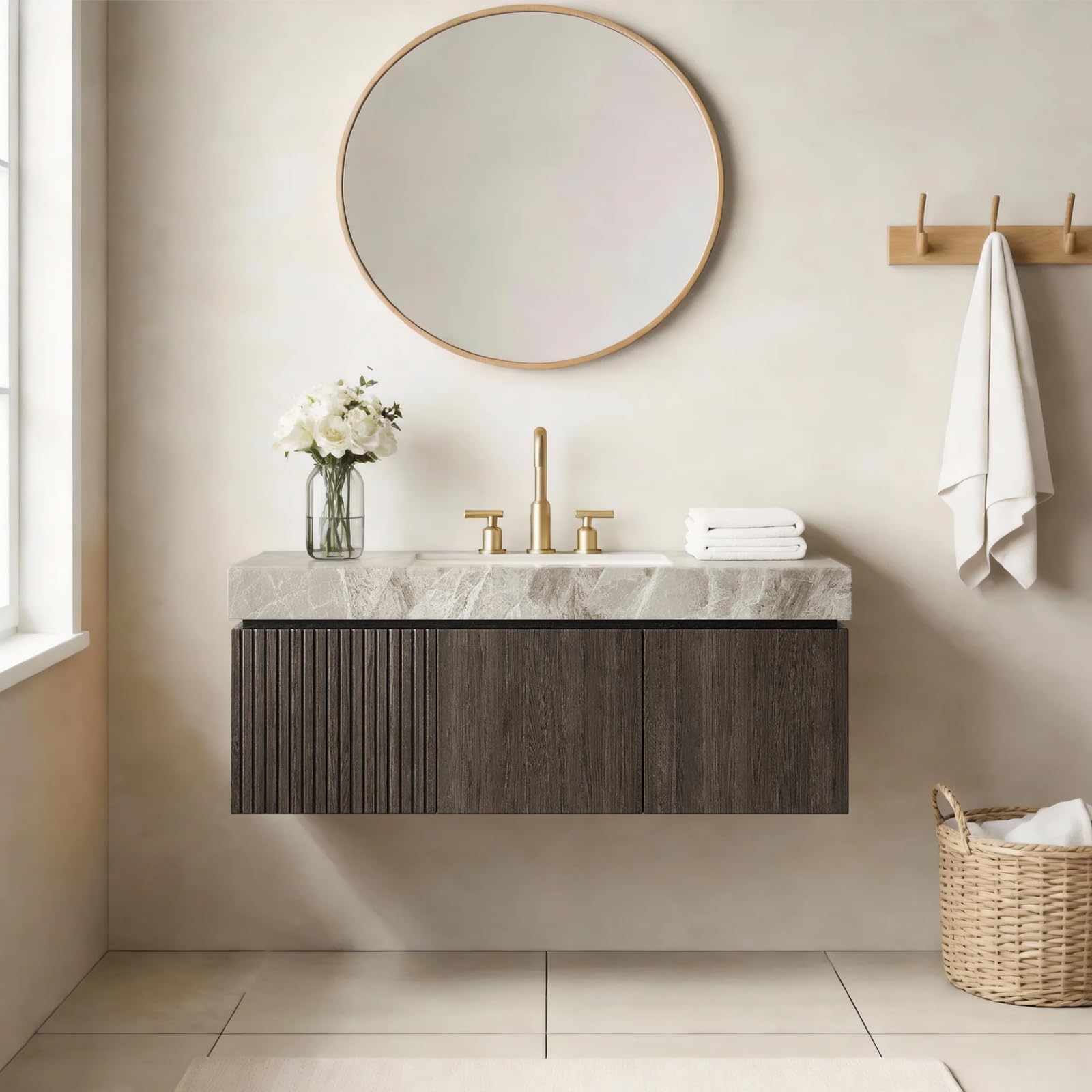 Ambrovina 48" Floating Bathroom Vanity with Sink, Modern Plywood Bathroom Storage Cabinet with Drawer and 2 Doors, Gray Sintered Stone Countertop and White Ceramic Basin, Pre-Assembled, Light Oak