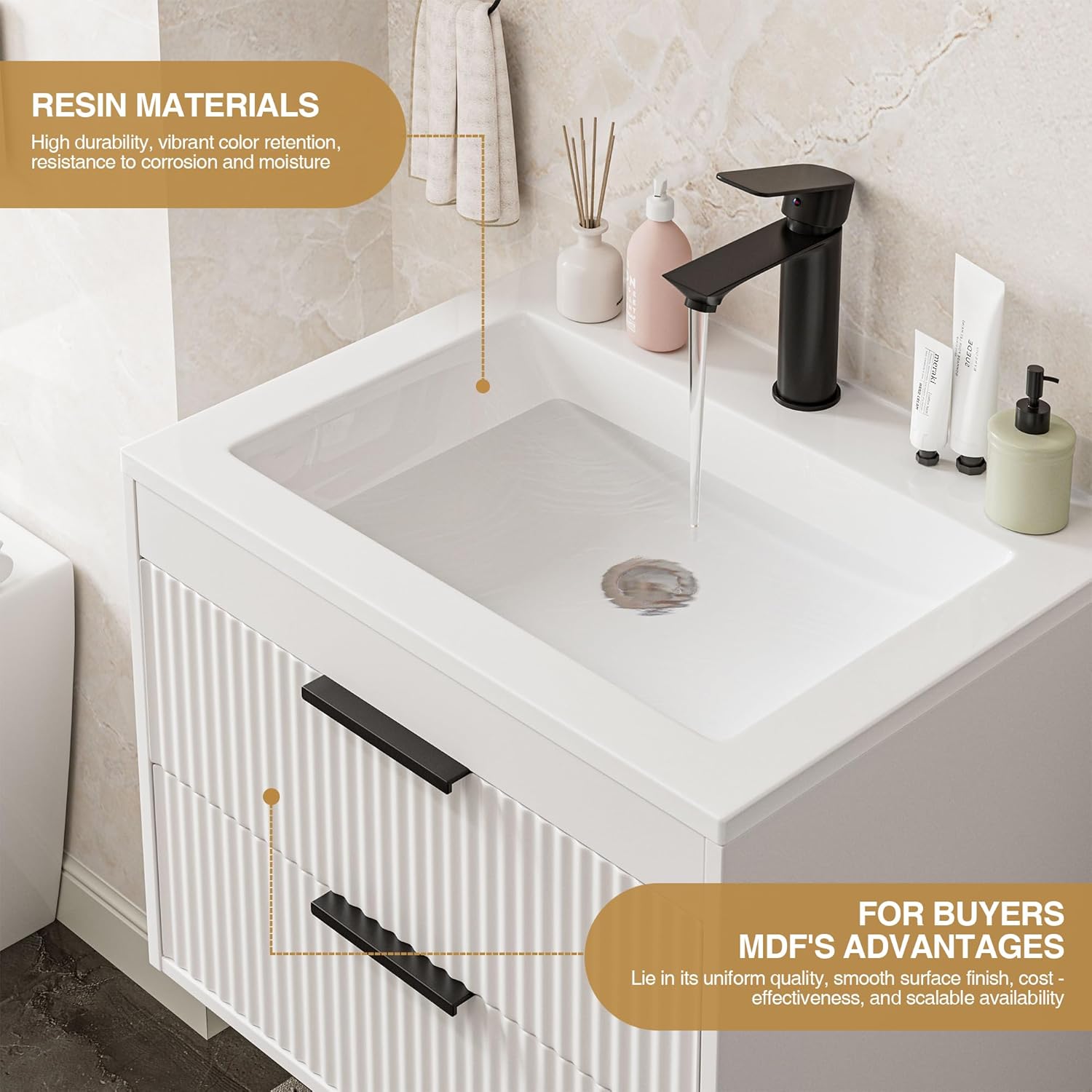 24 Inches Modern MDF Bathroom Vanity with Sink, Wall Mounted Floating Cabinets w/Double Drawers, Black Handles, White Resin Sink Combo Set (White, 24")