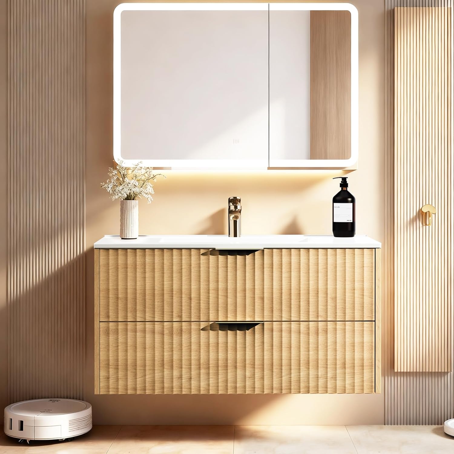 36 Inch Bathroom Vanity with Sink, Modern Floating Bathroom Vanity with Resin Sink, 2 Large Storage Darwers, Wood Grain Texture Wall Mounted Vanity, Gold Handles (36'')