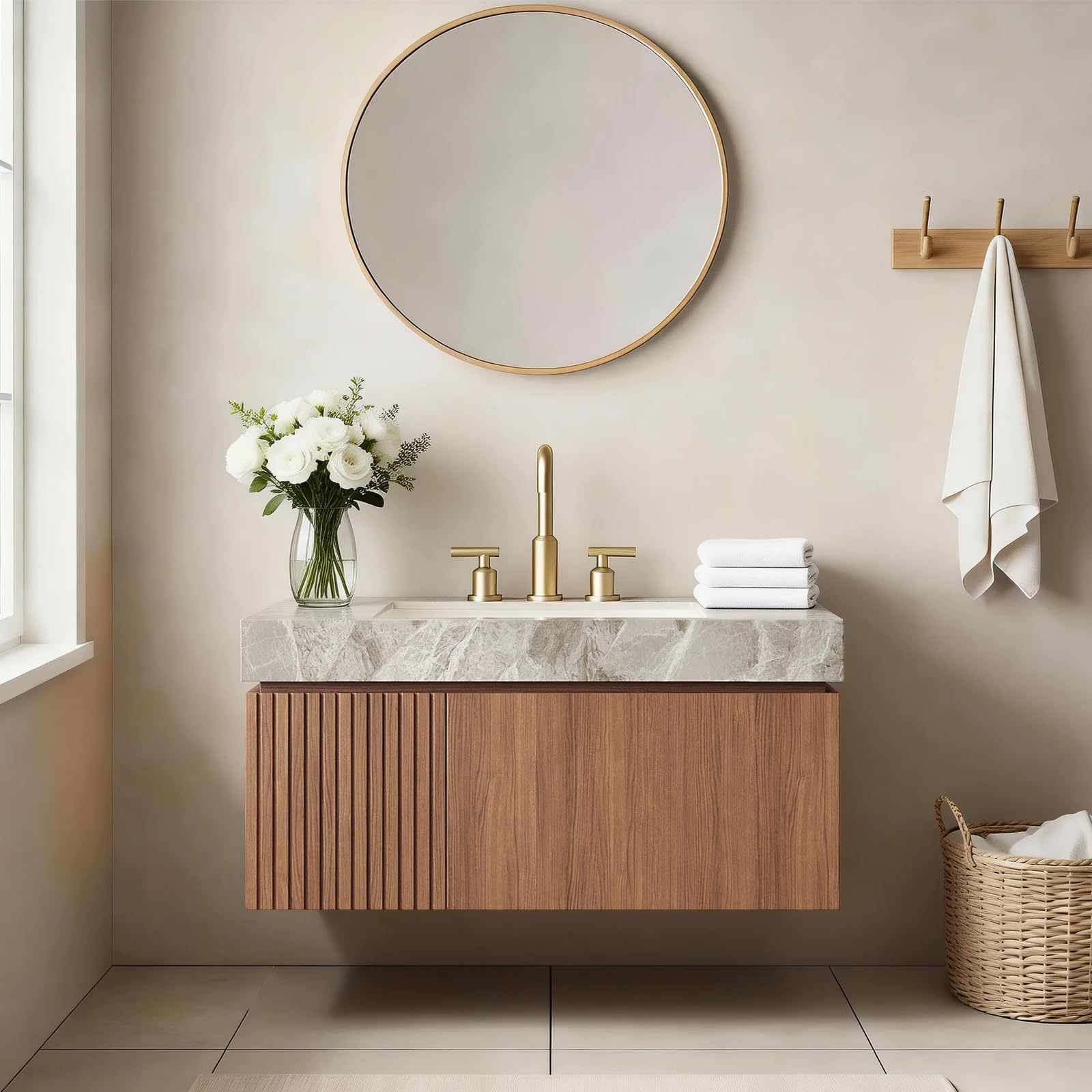 Ambrovina 48" Floating Bathroom Vanity with Sink, Modern Plywood Bathroom Storage Cabinet with Drawer and 2 Doors, Gray Sintered Stone Countertop and White Ceramic Basin, Pre-Assembled, Light Oak